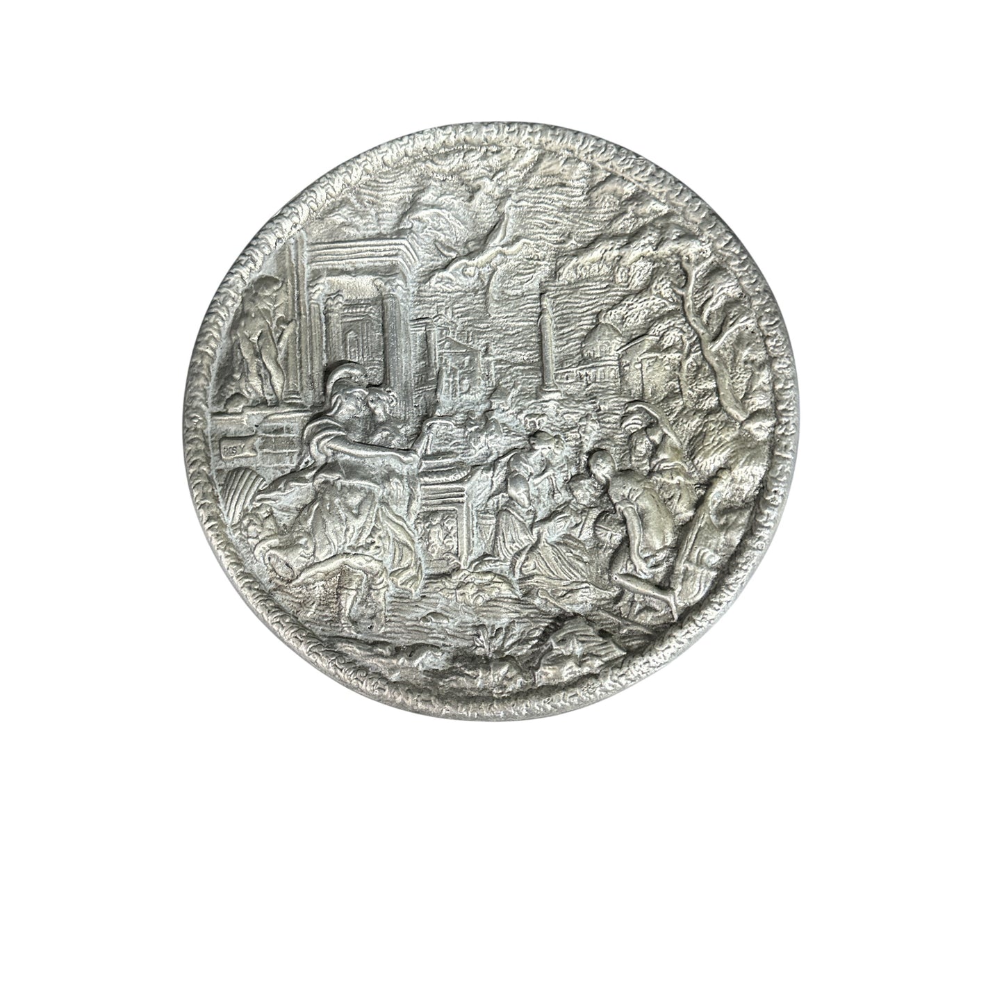 Antique 19th C. Signed ROSY French Pewter Charger Plaque High Relief Classical Scene