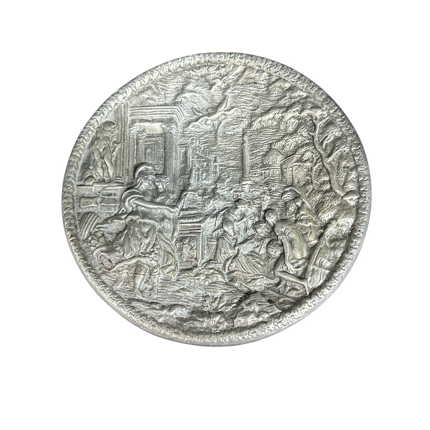 Antique 19th C. Signed ROSY French Pewter Charger Plaque High Relief Classical Scene