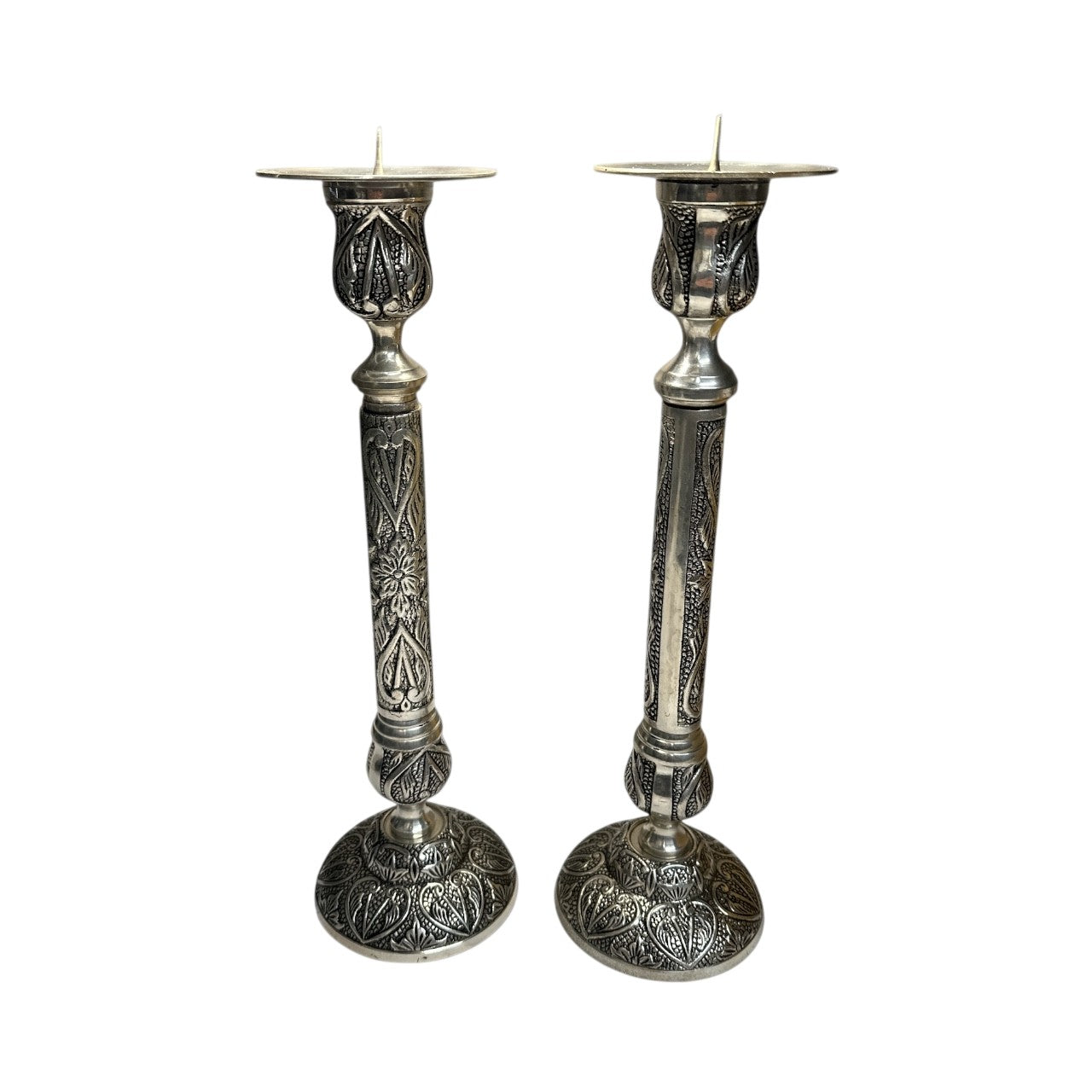 Large Vintage Indian Silver Plated Candlesticks, Ornate Chased Floral Pair