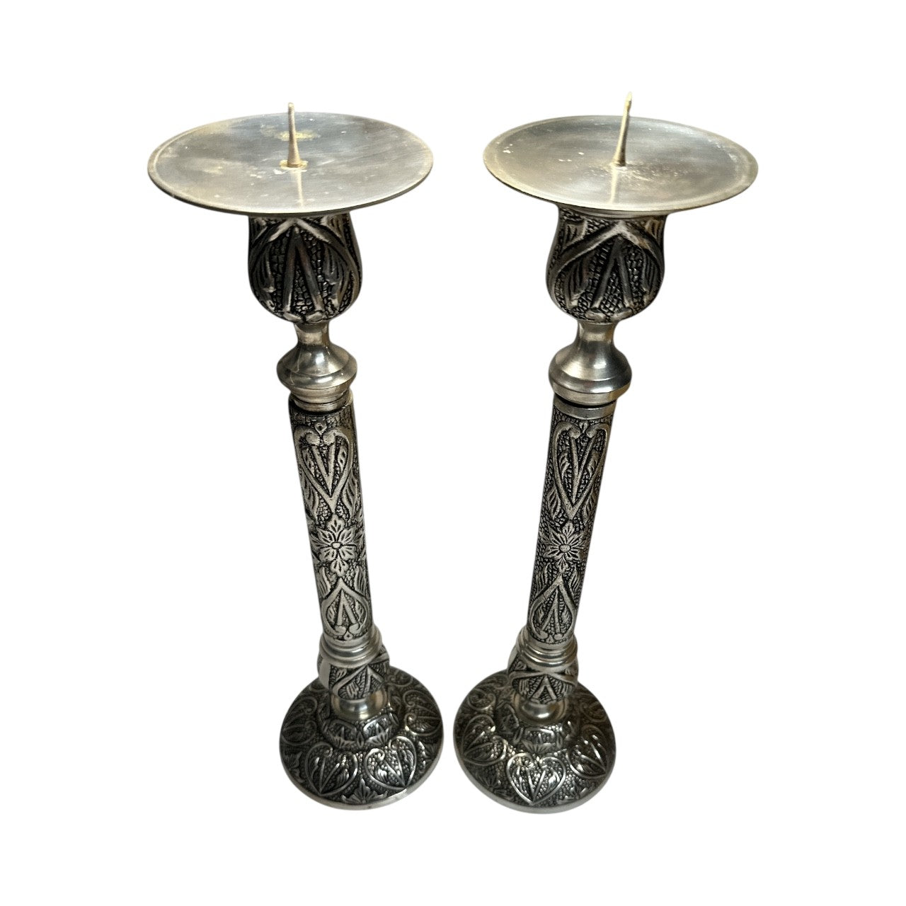 Large Vintage Indian Silver Plated Candlesticks, Ornate Chased Floral Pair