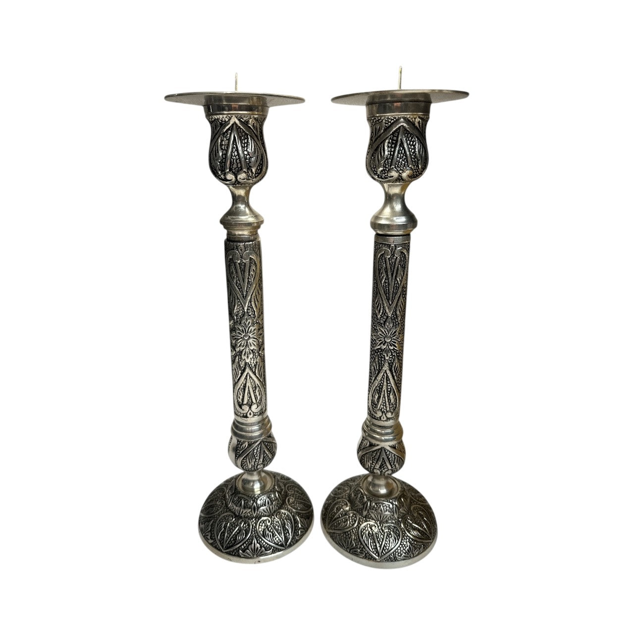 Large Vintage Indian Silver Plated Candlesticks, Ornate Chased Floral Pair