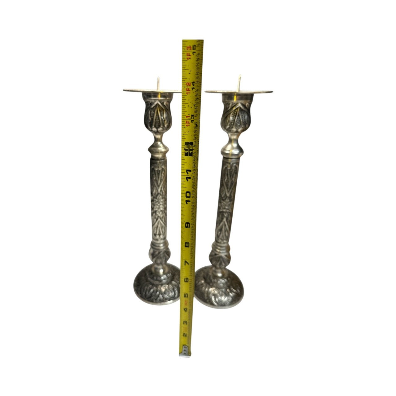 Large Vintage Indian Silver Plated Candlesticks, Ornate Chased Floral Pair