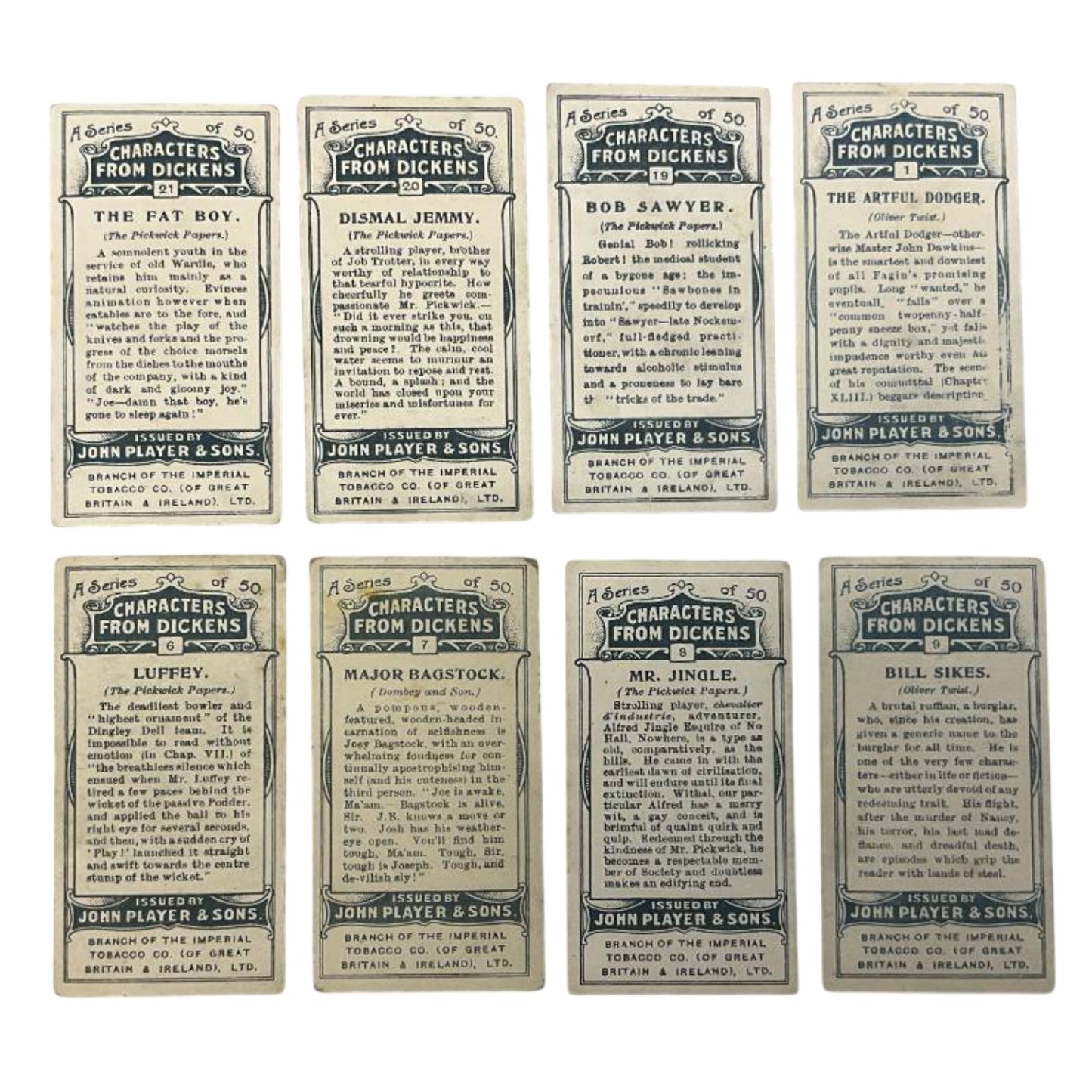 1912 John Player & Sons Dickens Characters Cigarette Cards (Set of 8)