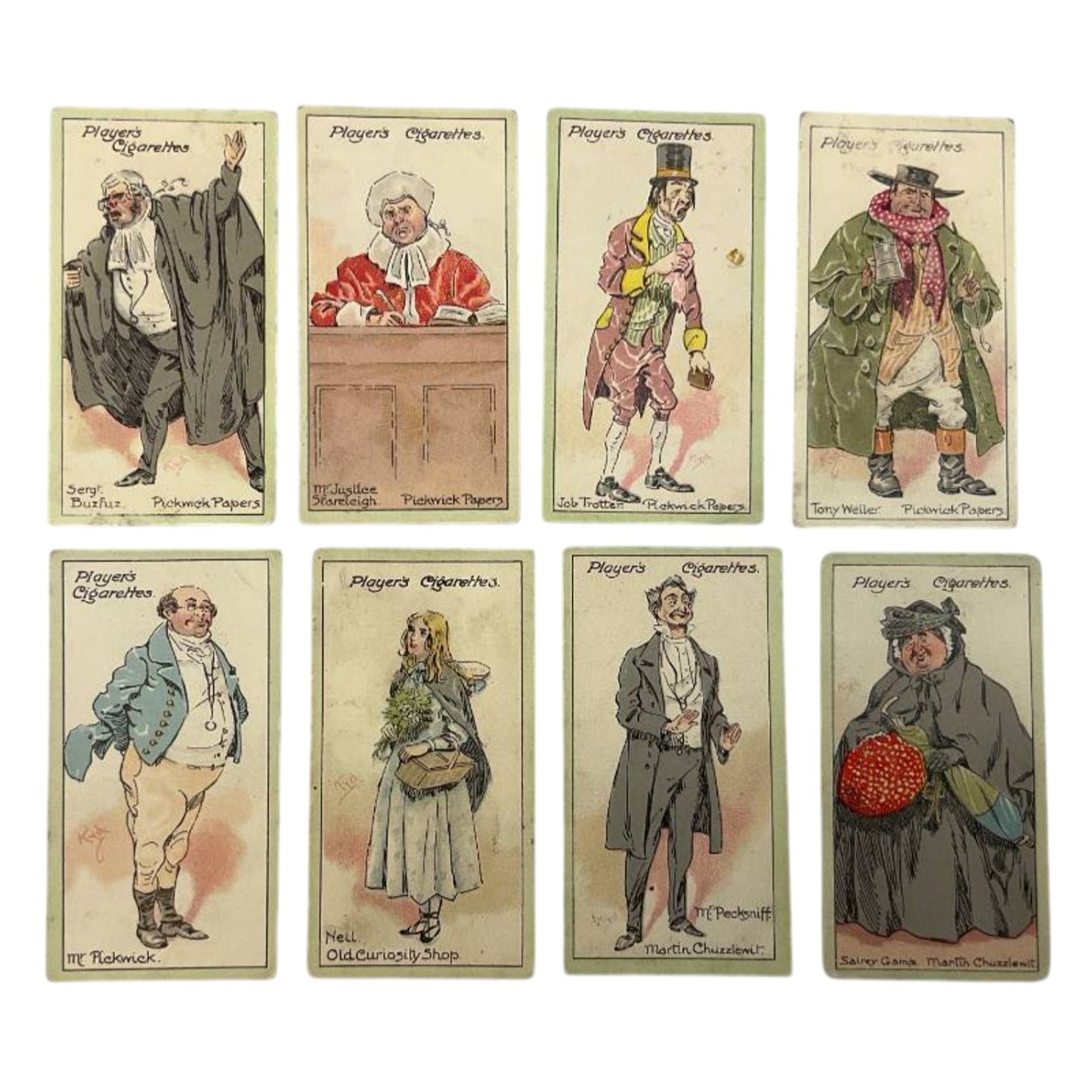 1912 Player's Dickens Characters Tobacco Cards, Set of 8, Antique Ephemera