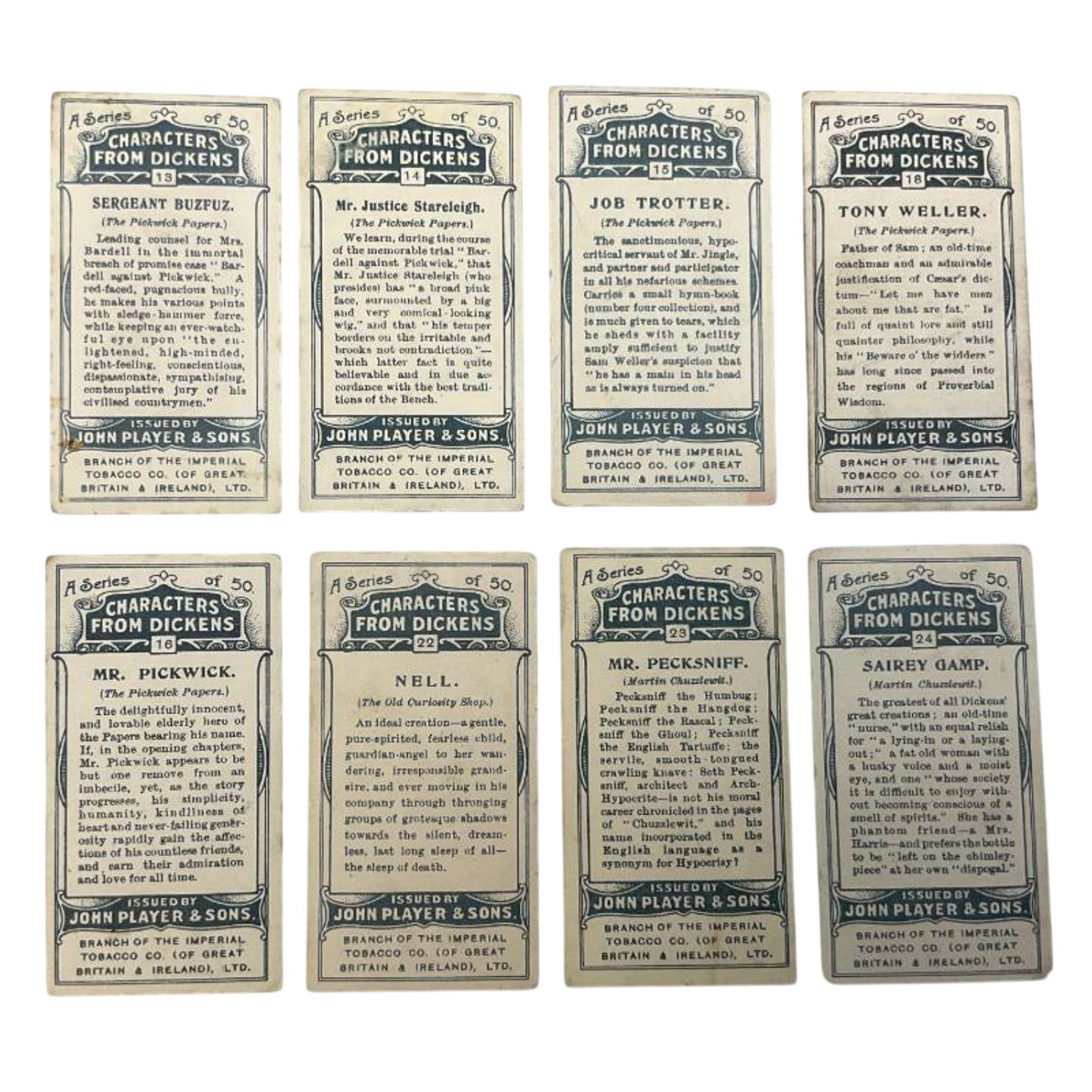 1912 Player's Dickens Characters Tobacco Cards, Set of 8, Antique Ephemera