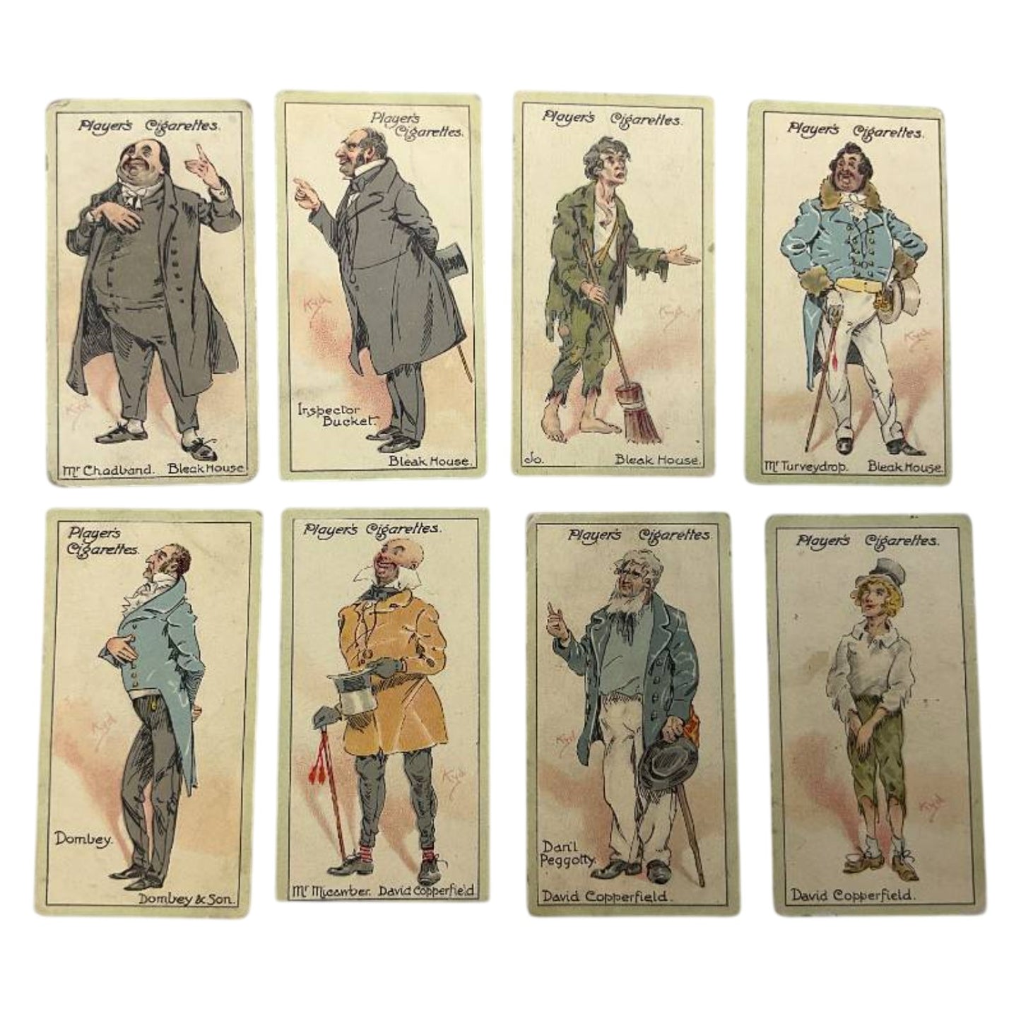 1912 Player's Dickens Cigarette Cards, Set of 8, Edwardian Literary Art