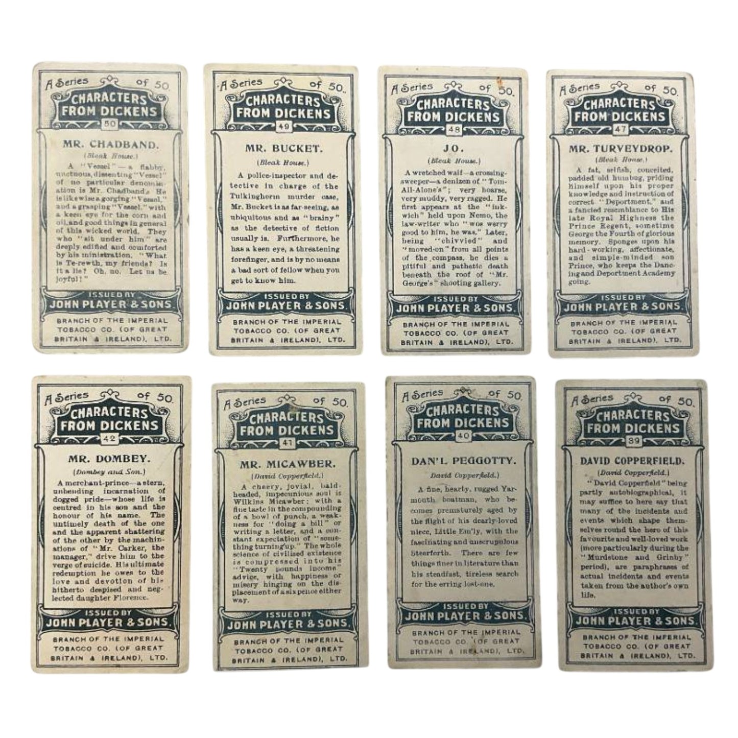 1912 Player's Dickens Cigarette Cards, Set of 8, Edwardian Literary Art