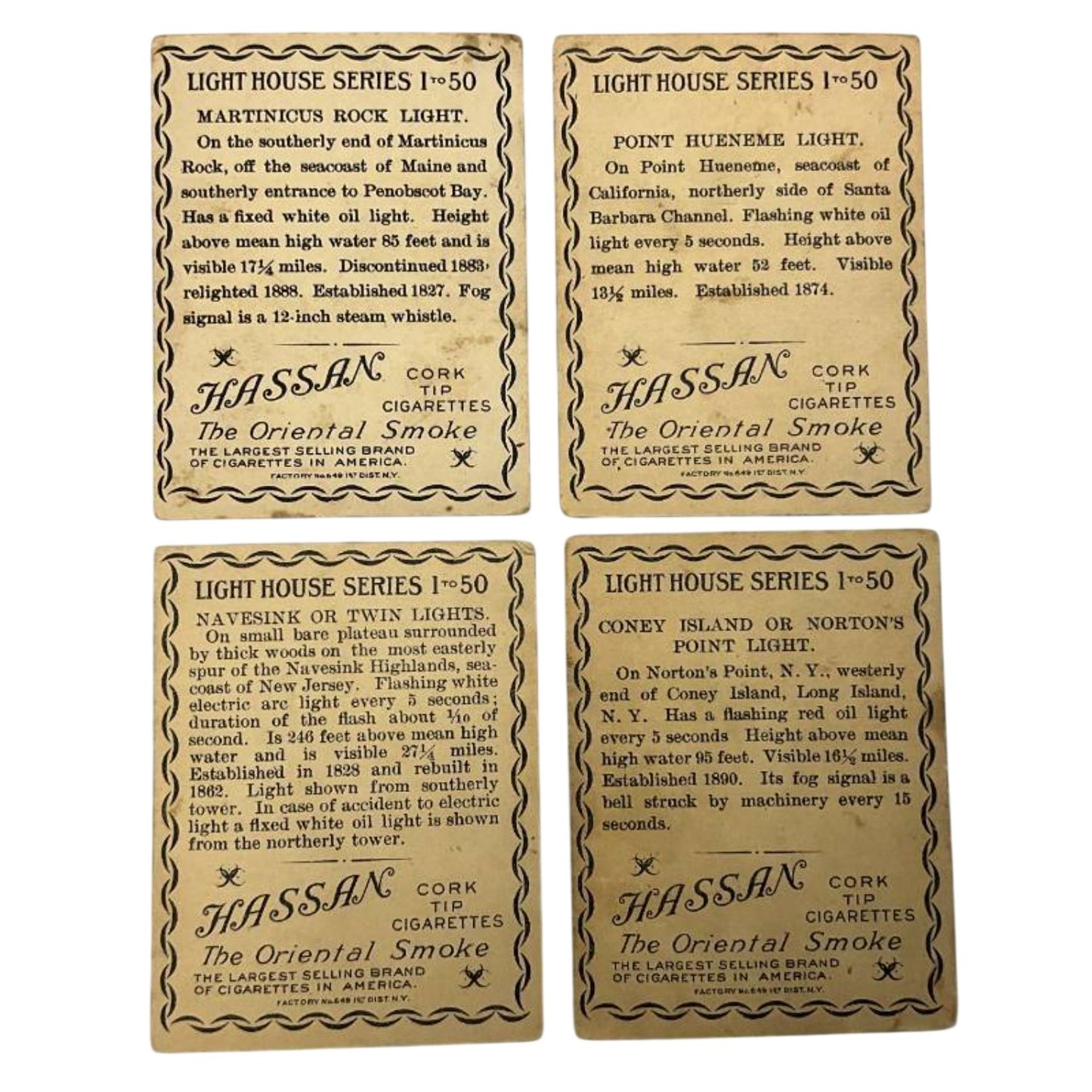 1910 Hassan T88 Lighthouse Tobacco Cards Lot of 4 Antique Chromolithograph