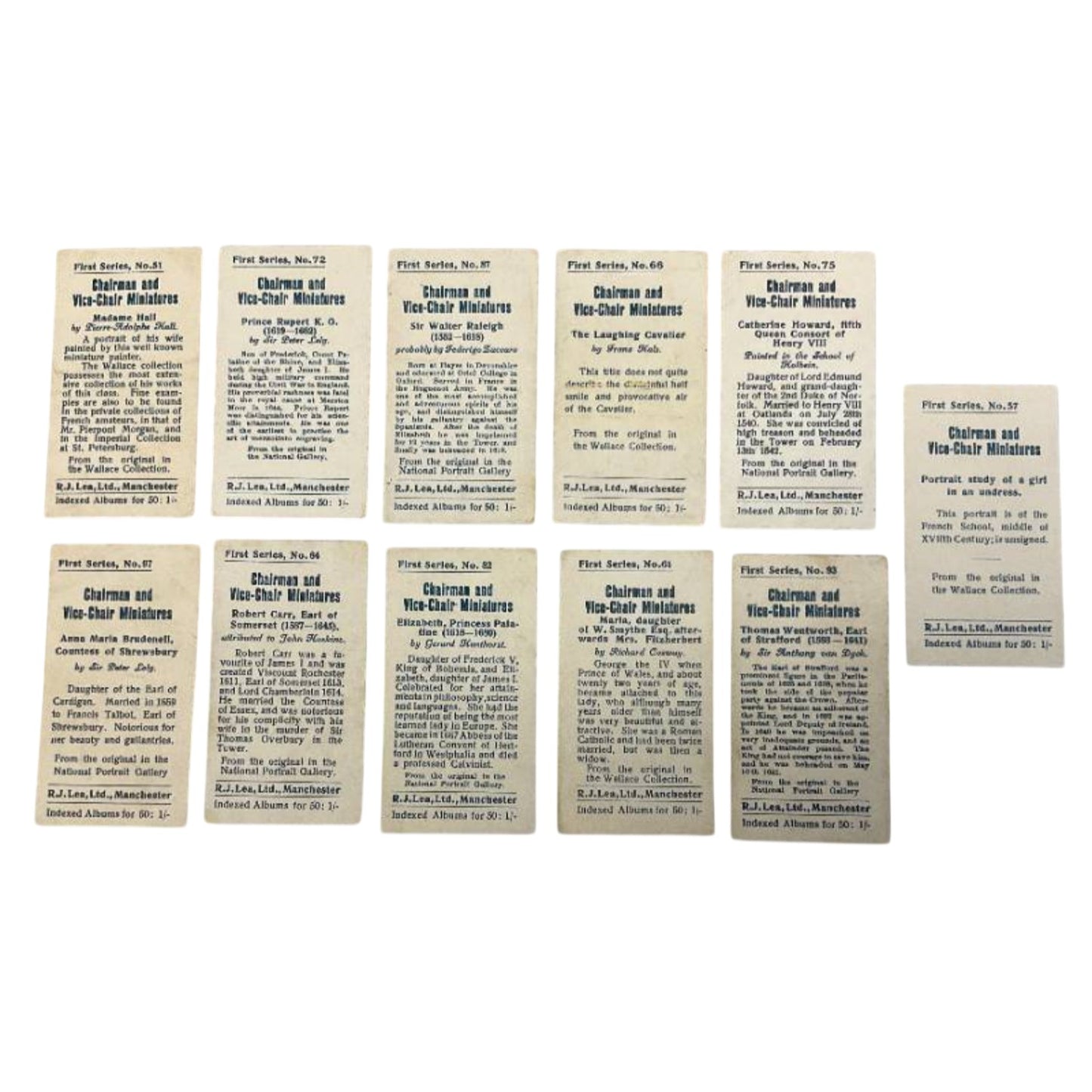 1912 R.J. Lea Chairman Miniatures Cigarette Cards 1st Series Set of 11