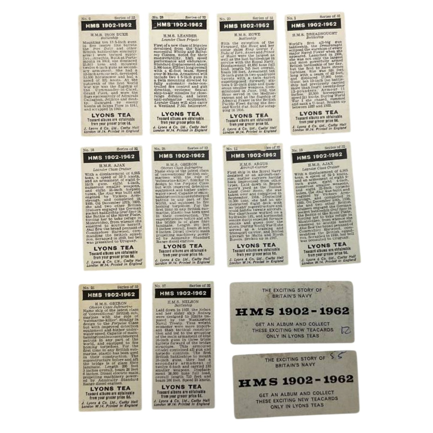 1962 Royal Navy Warship Print Cards, Lyons Tea, Curated Lot of 12, England