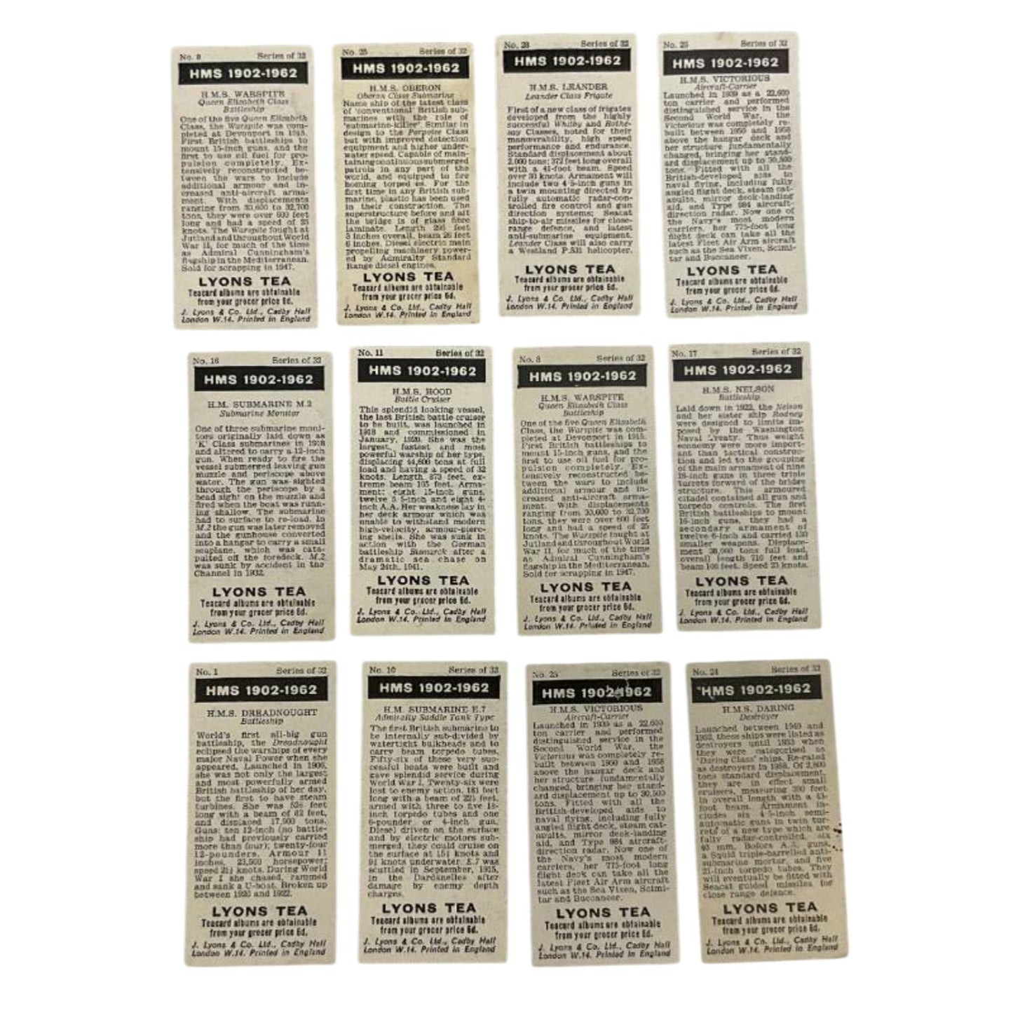 1962 Lyons Tea HMS Royal Navy Ship Card Lot (12) Mid-Century British Art