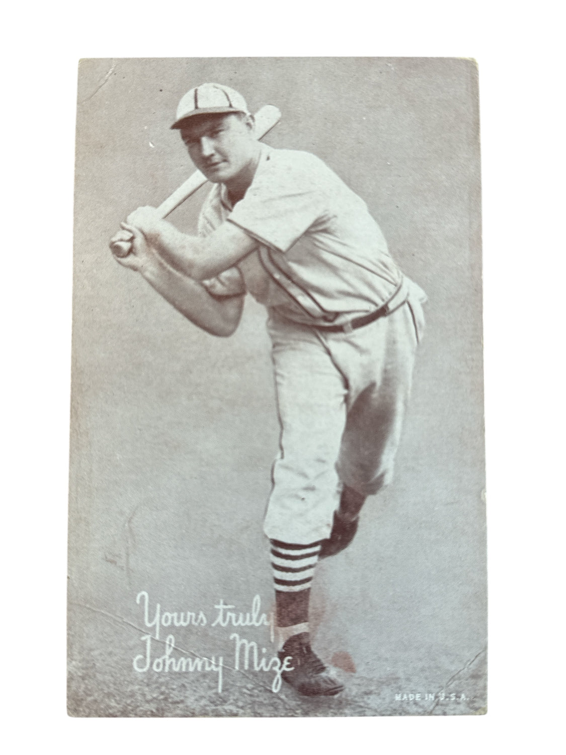 1940s Johnny Mize Salutation Exhibit Card HOF Vintage Baseball Sepia Photo
