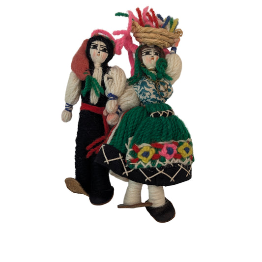 Vintage Greek Folk Art Yarn Dolls Traditional Costume Handmade Mid-Century Pair