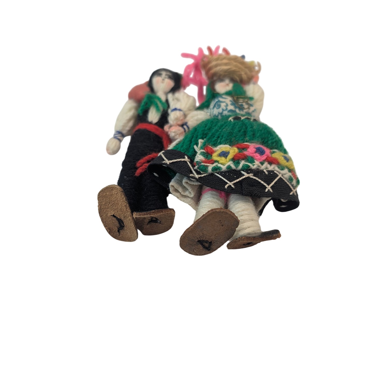 Vintage Greek Folk Art Yarn Dolls Traditional Costume Handmade Mid-Century Pair