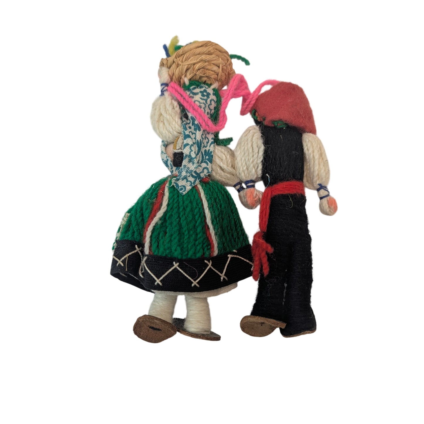 Vintage Greek Folk Art Yarn Dolls Traditional Costume Handmade Mid-Century Pair