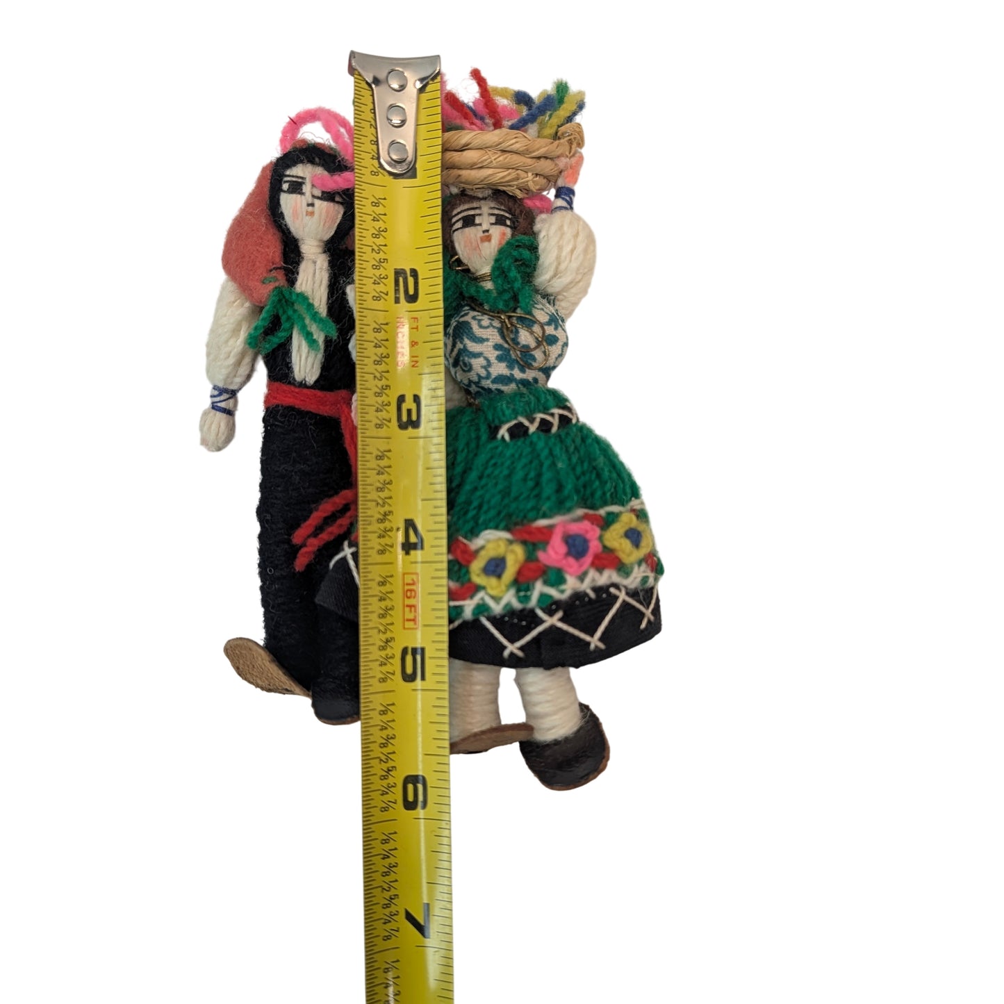 Vintage Greek Folk Art Yarn Dolls Traditional Costume Handmade Mid-Century Pair