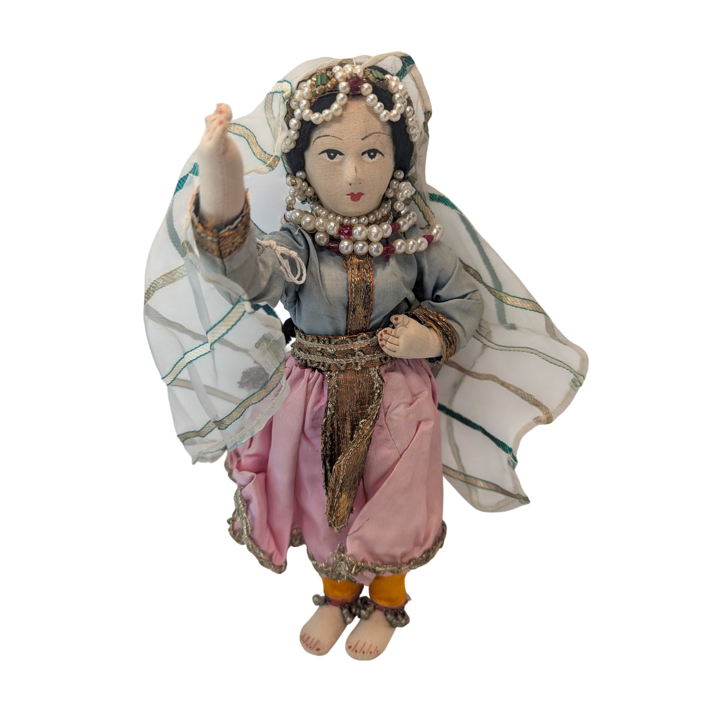 Vintage Indian Kathak Dancer Doll Handmade Silk Zari Trim Mid-Century Art