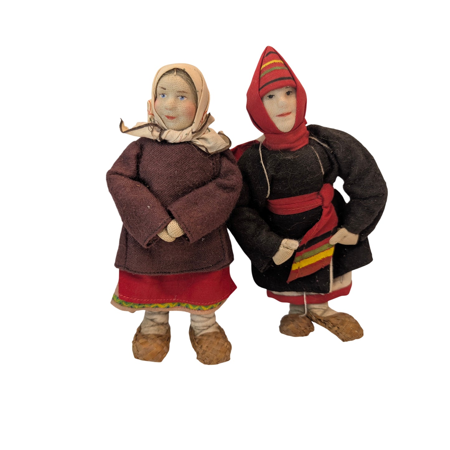 Vintage Russian Folk Art Cloth Dolls Hand-Painted Faces Lapti Shoes Pair c.1940s