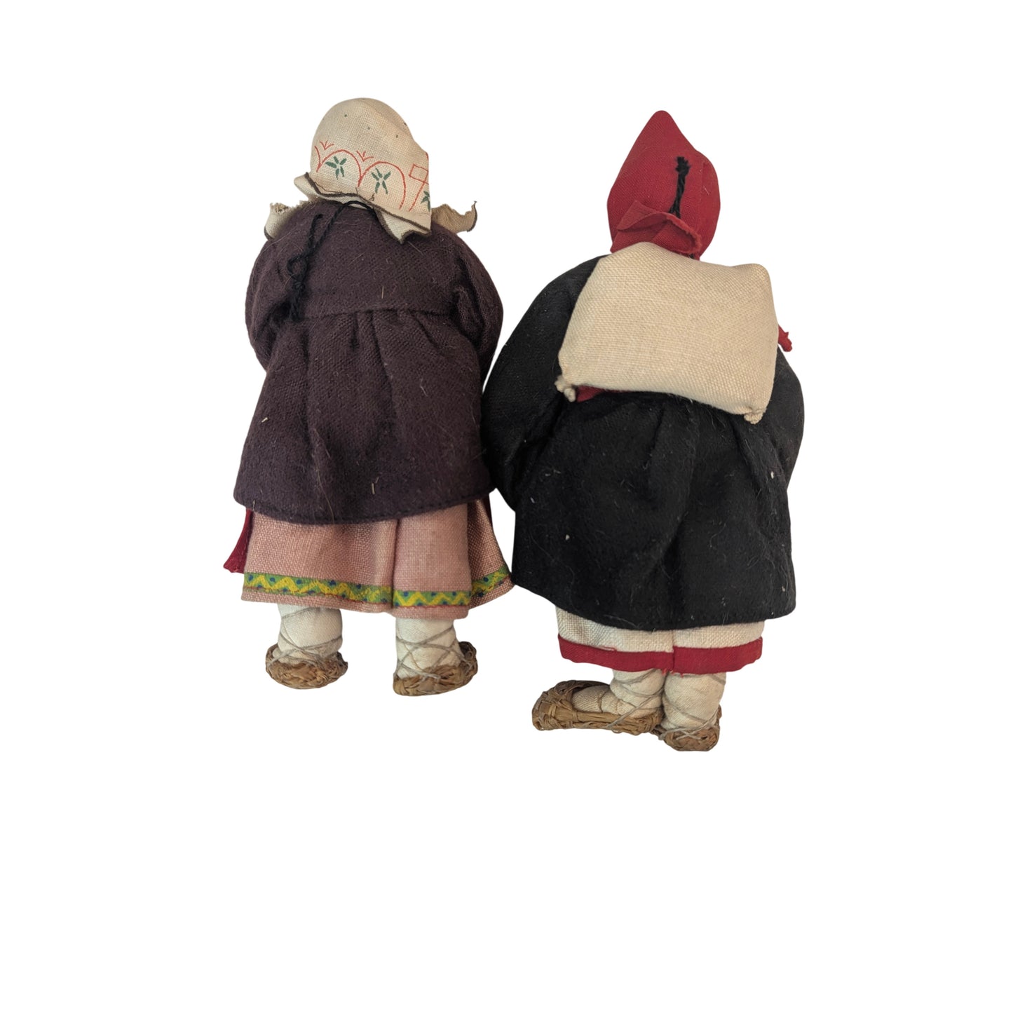 Vintage Russian Folk Art Cloth Dolls Hand-Painted Faces Lapti Shoes Pair c.1940s