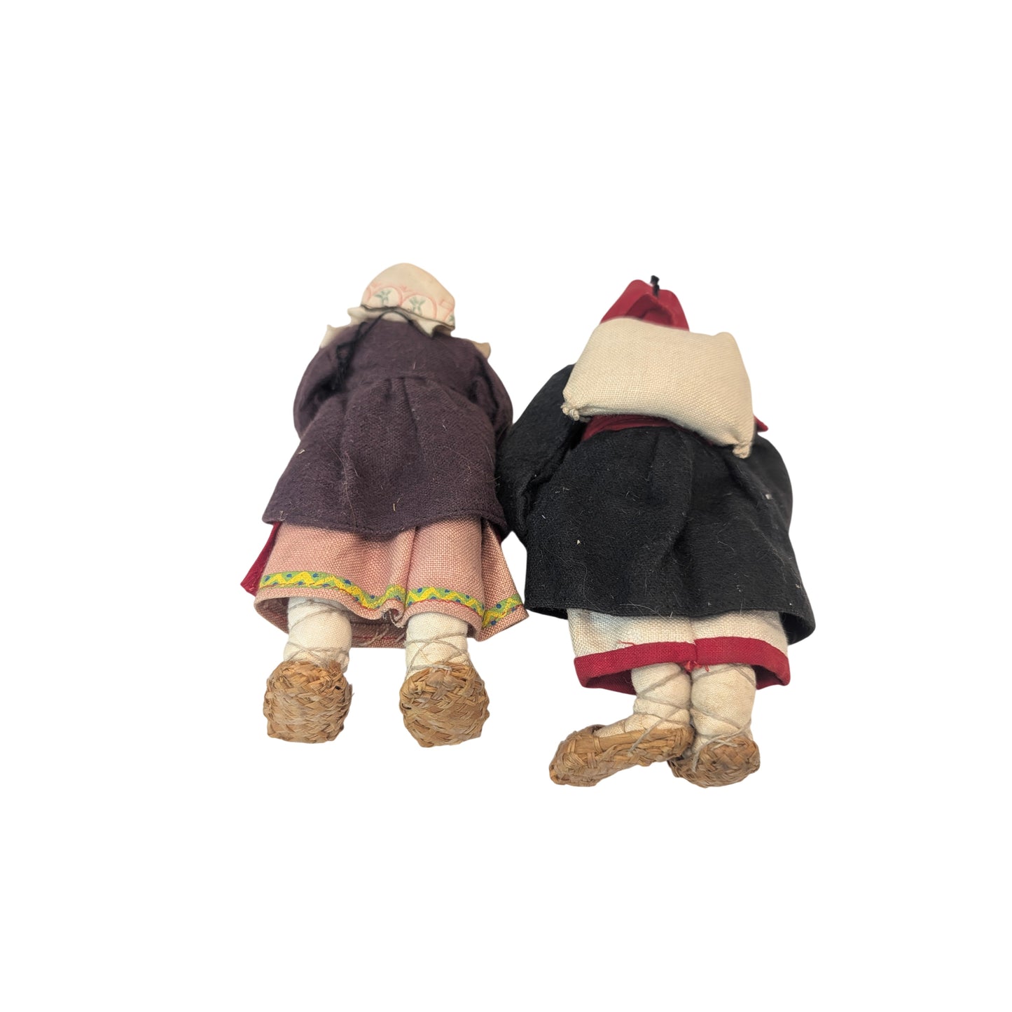 Vintage Russian Folk Art Cloth Dolls Hand-Painted Faces Lapti Shoes Pair c.1940s