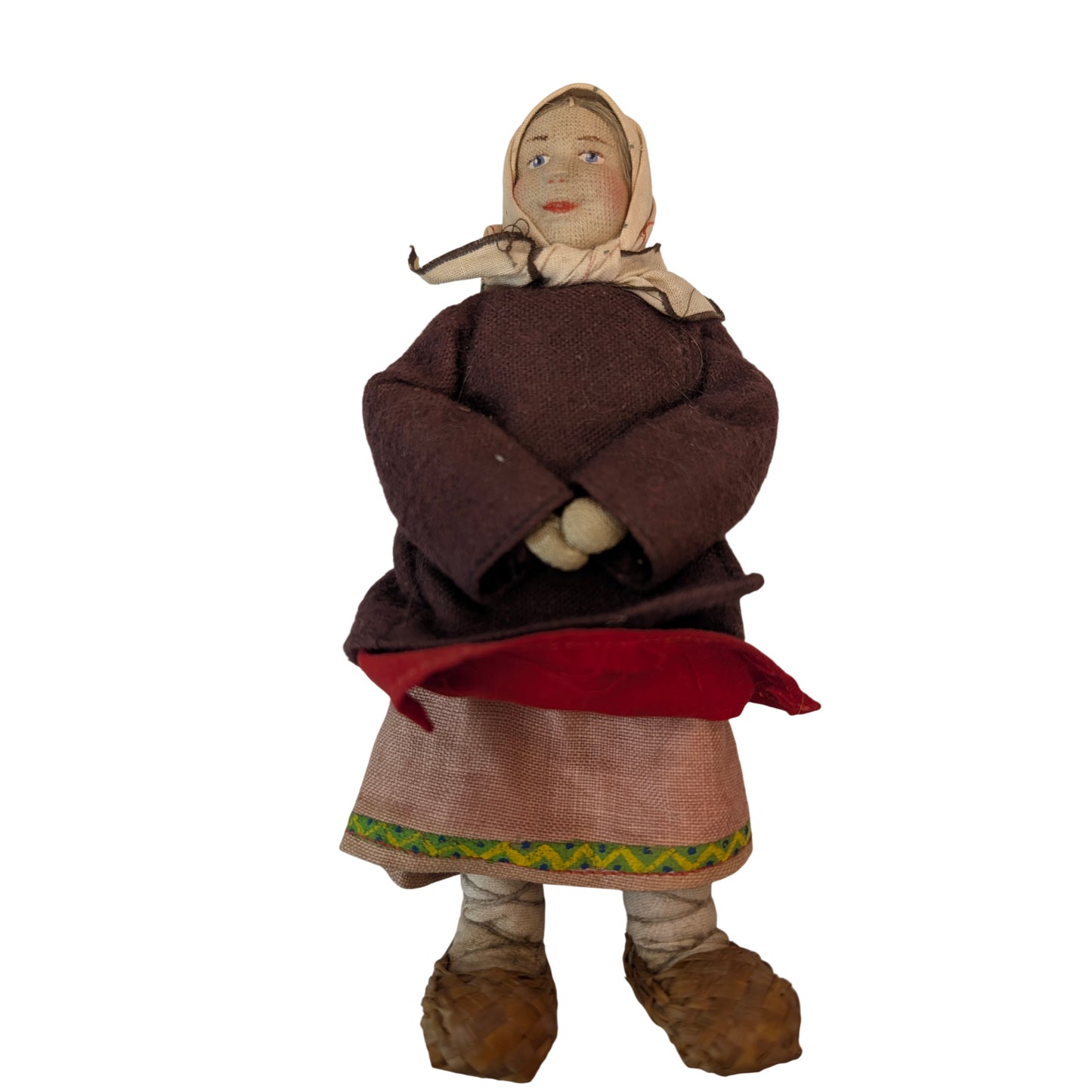 Vintage Russian Folk Art Cloth Dolls Hand-Painted Faces Lapti Shoes Pair c.1940s