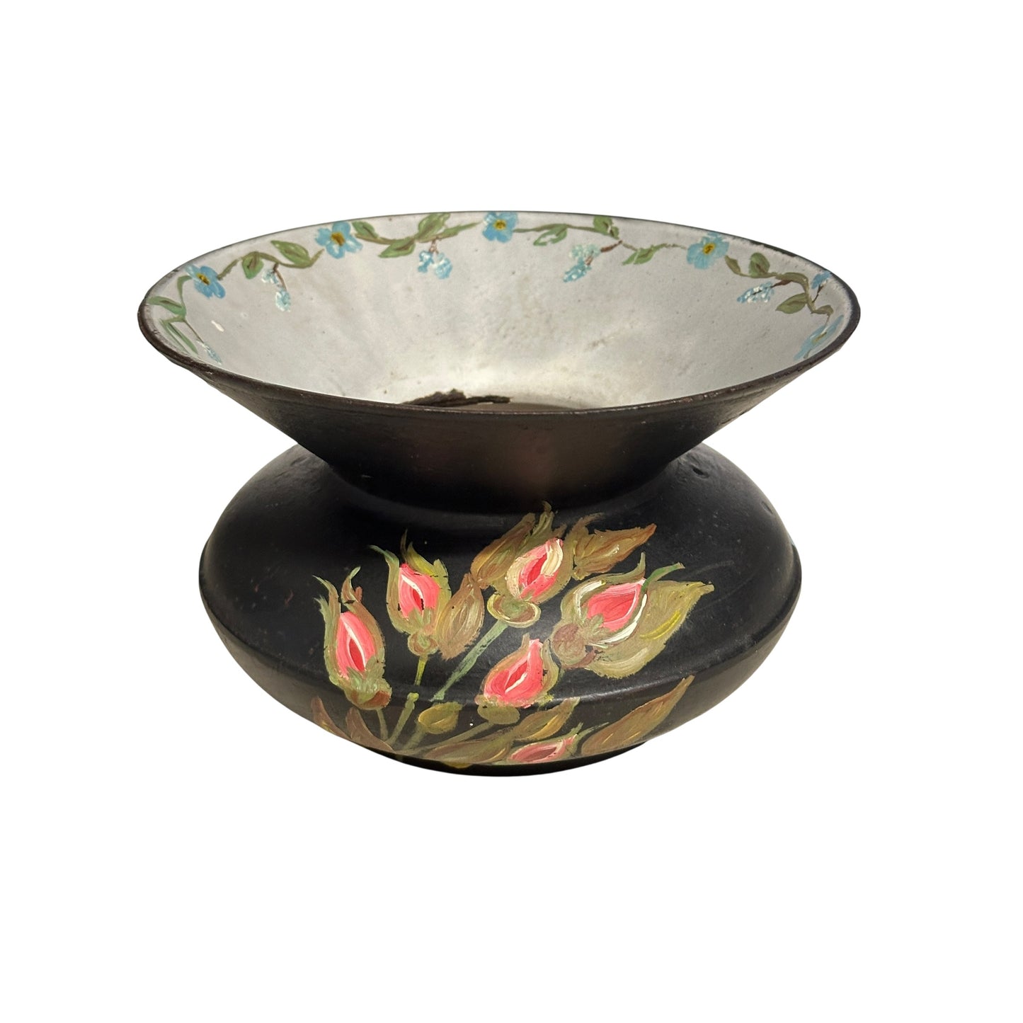 Vintage Cast Iron Toleware Style Vase Hand-Painted Floral Folk Art Decor