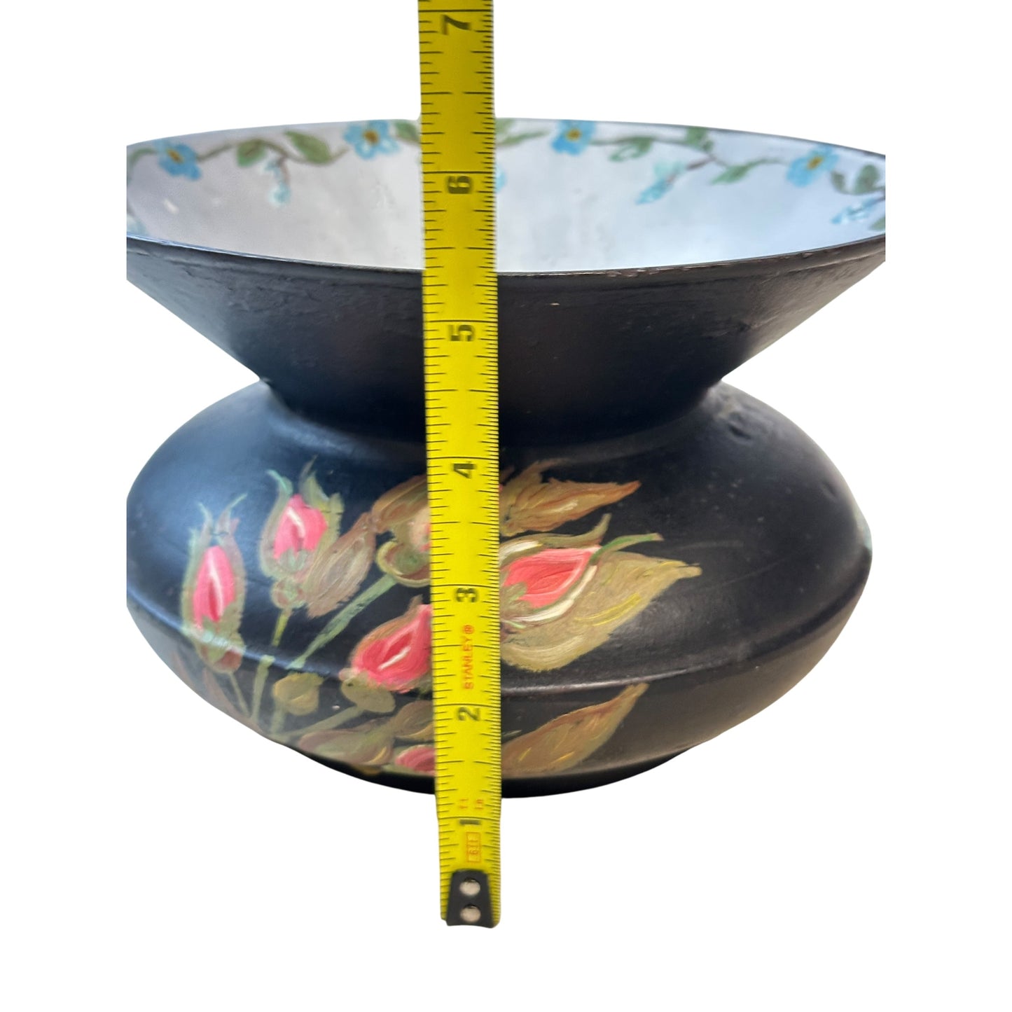 Vintage Cast Iron Toleware Style Vase Hand-Painted Floral Folk Art Decor