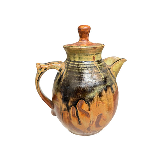 Vintage Brutalist Studio Art Pottery Teapot, Wabi Sabi Drip Glaze Stoneware