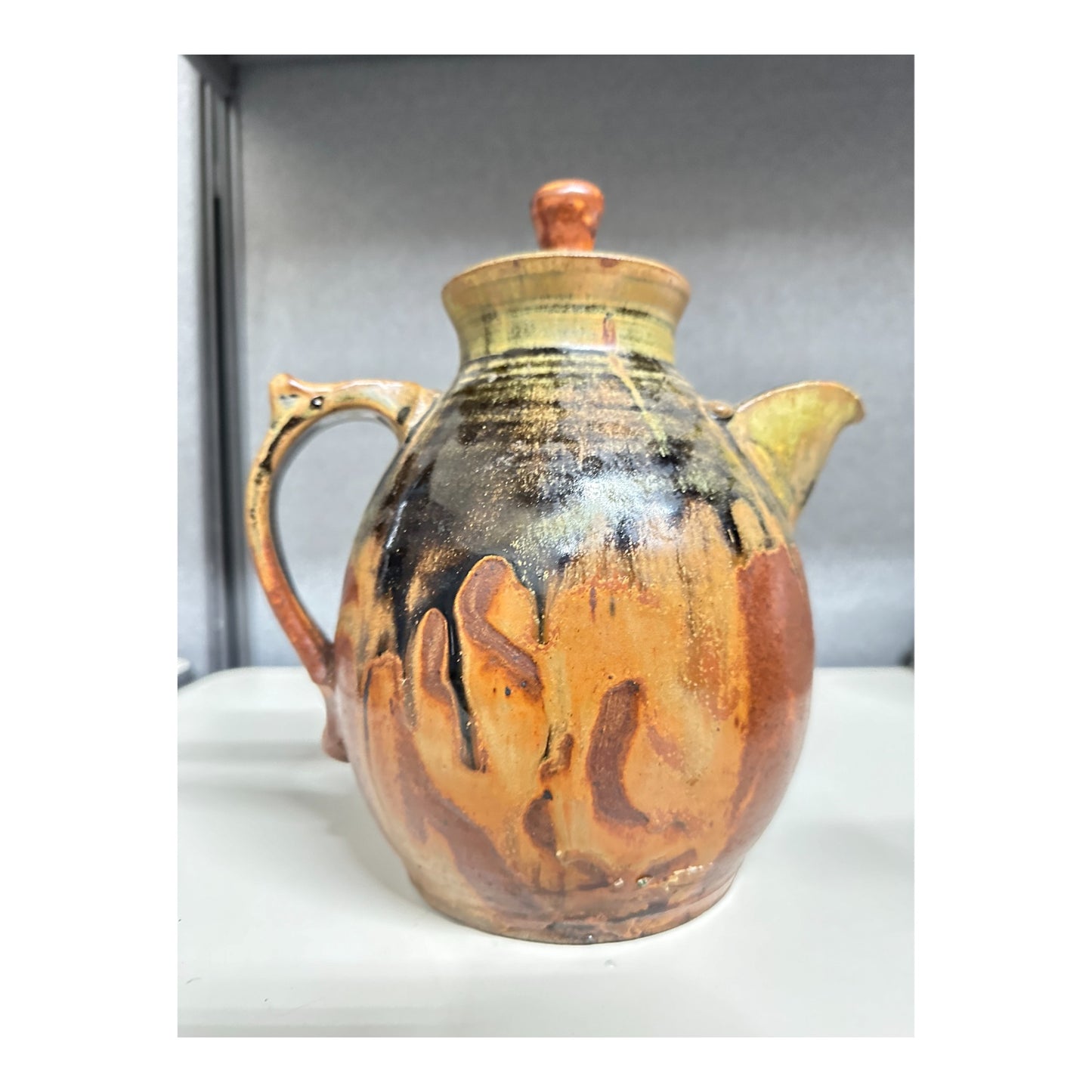 Vintage Brutalist Studio Art Pottery Teapot, Wabi Sabi Drip Glaze Stoneware