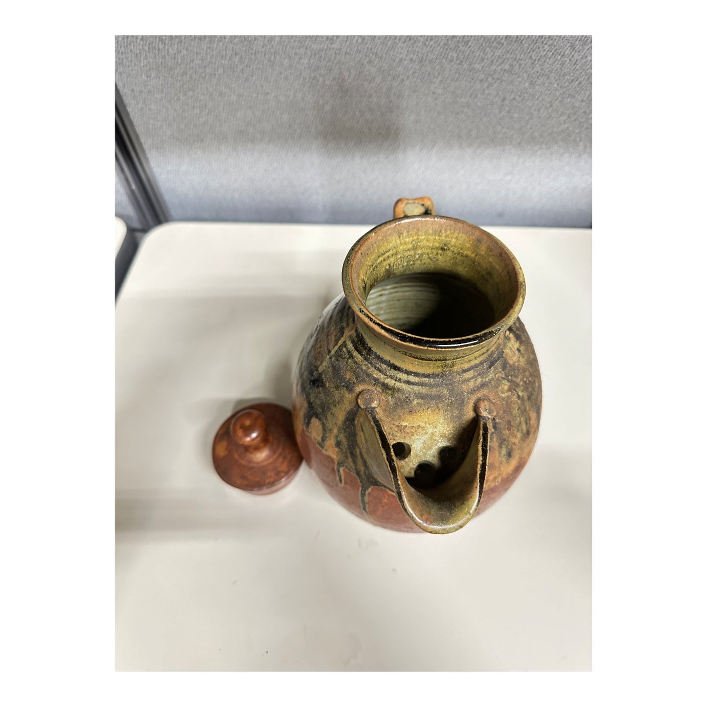 Vintage Brutalist Studio Art Pottery Teapot, Wabi Sabi Drip Glaze Stoneware