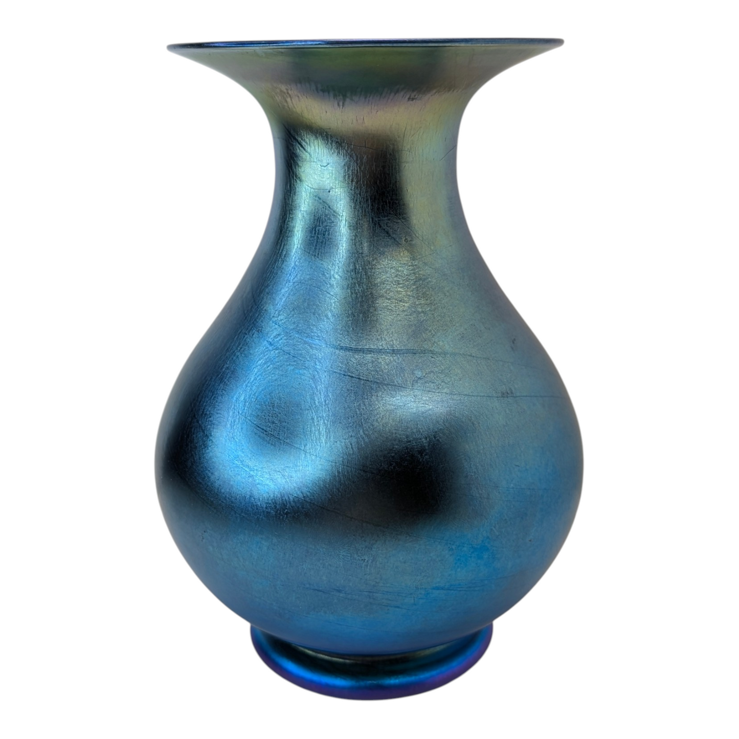Vintage Blue Iridescent Art Glass Vase Art Nouveau Aurene Style Hand Blown 7"