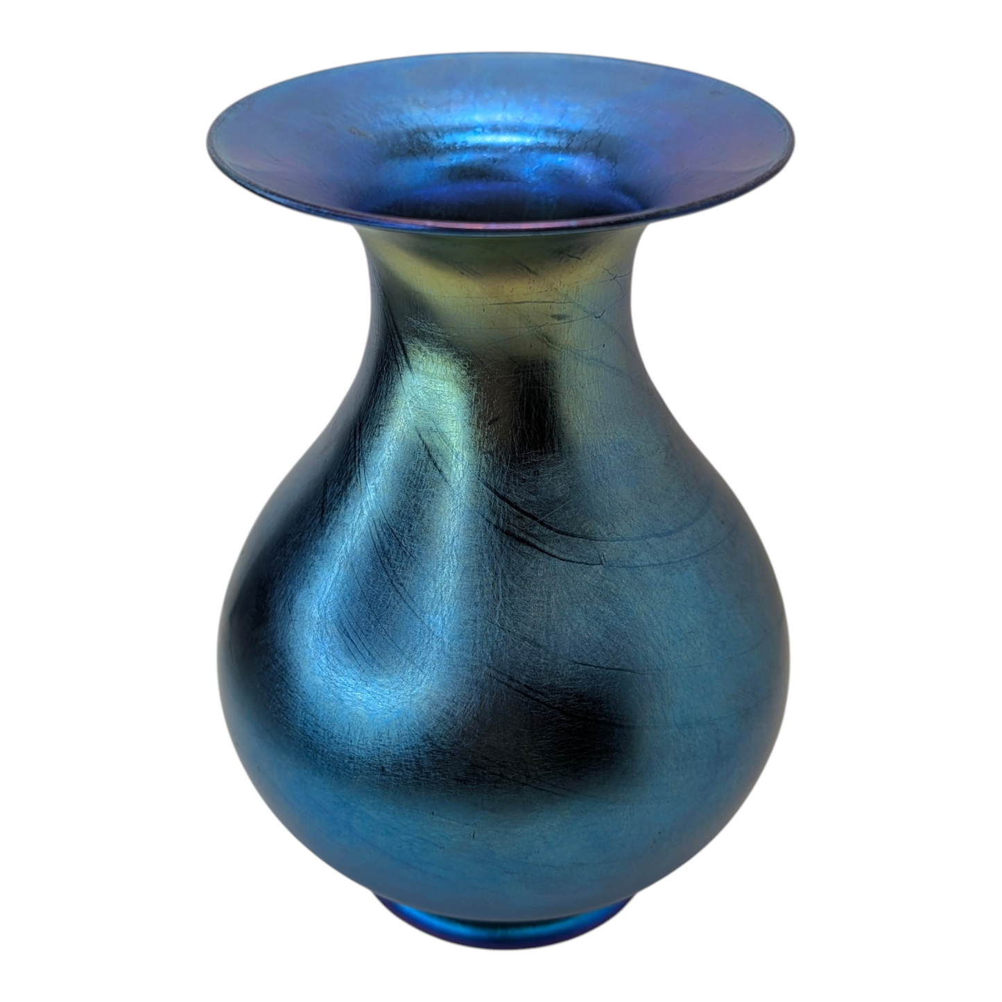 Vintage Blue Iridescent Art Glass Vase Art Nouveau Aurene Style Hand Blown 7"