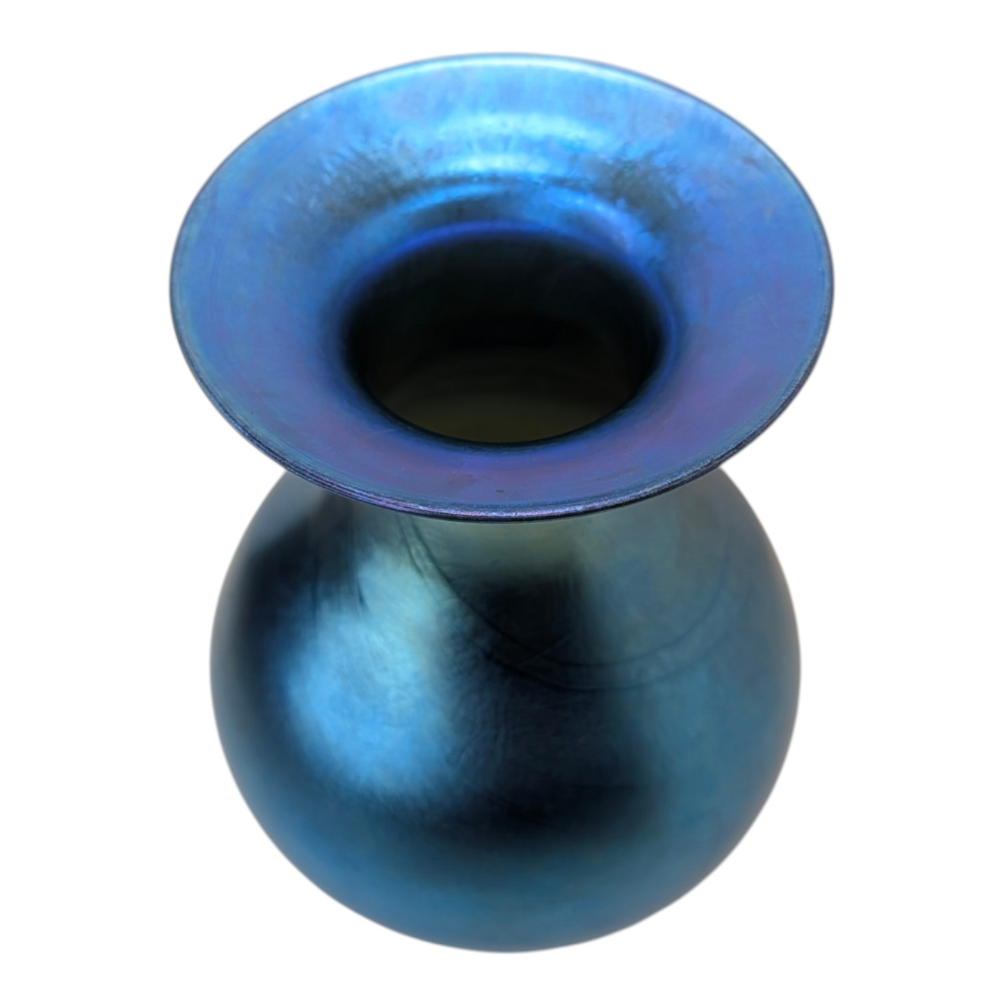 Vintage Blue Iridescent Art Glass Vase Art Nouveau Aurene Style Hand Blown 7"