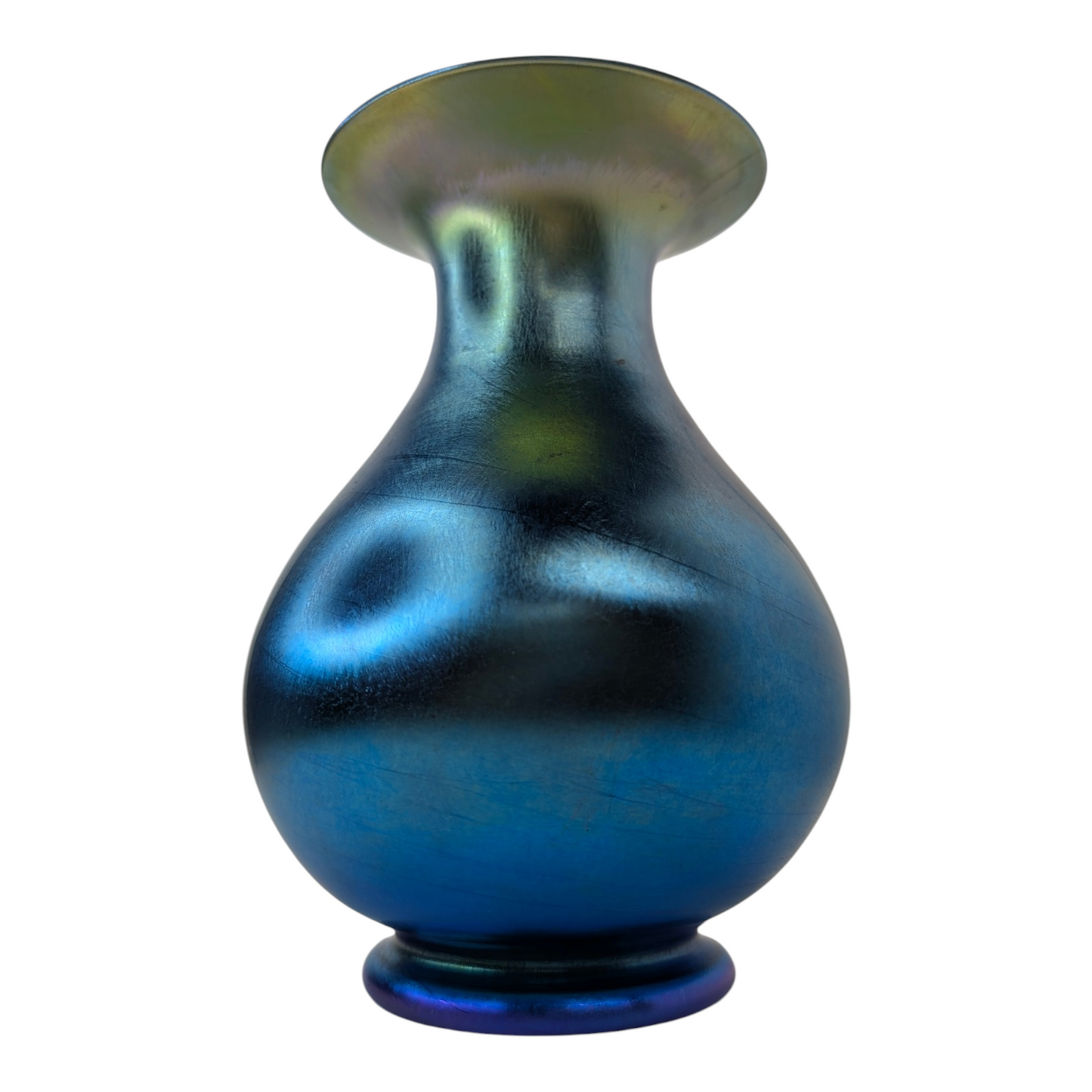 Vintage Blue Iridescent Art Glass Vase Art Nouveau Aurene Style Hand Blown 7"