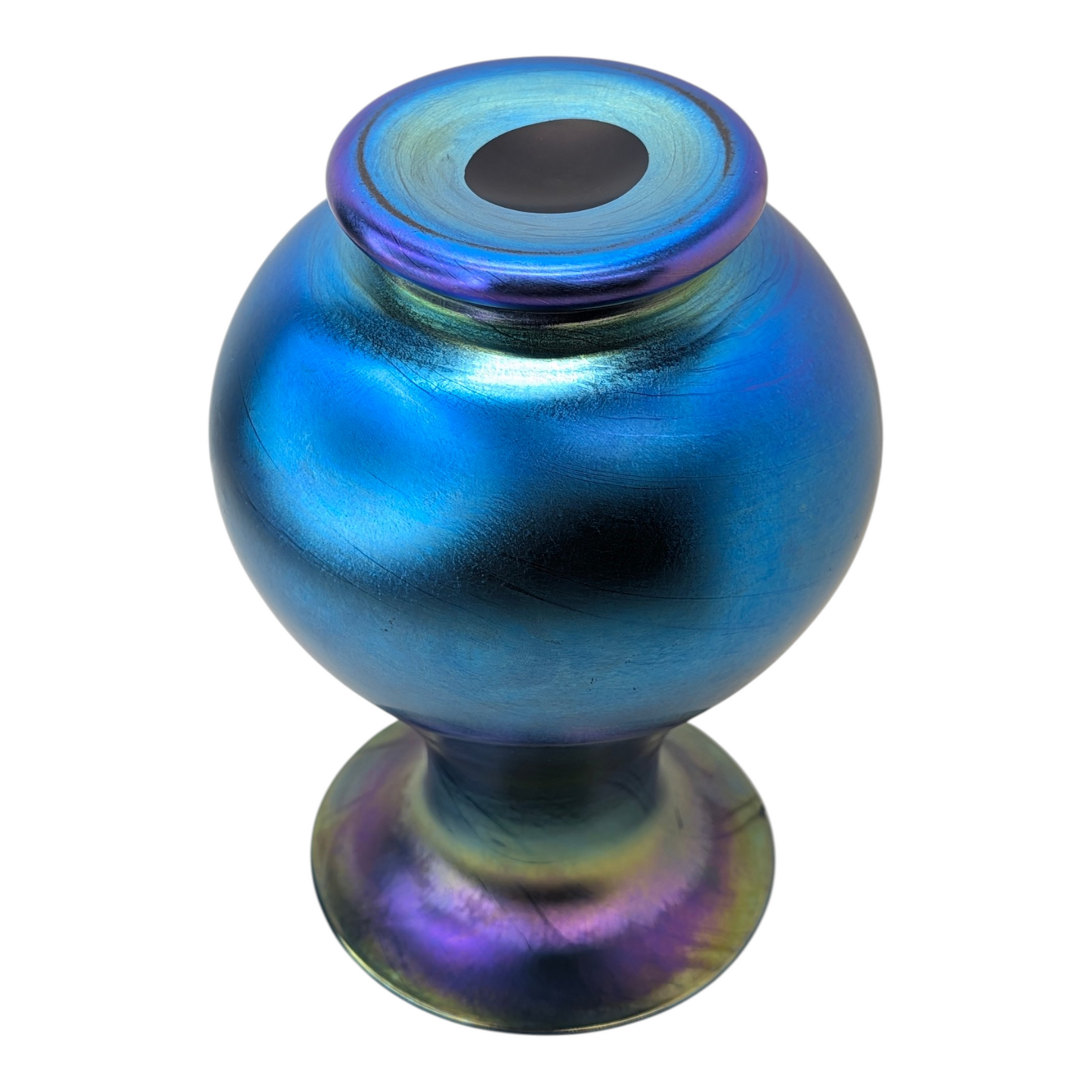 Vintage Blue Iridescent Art Glass Vase Art Nouveau Aurene Style Hand Blown 7"