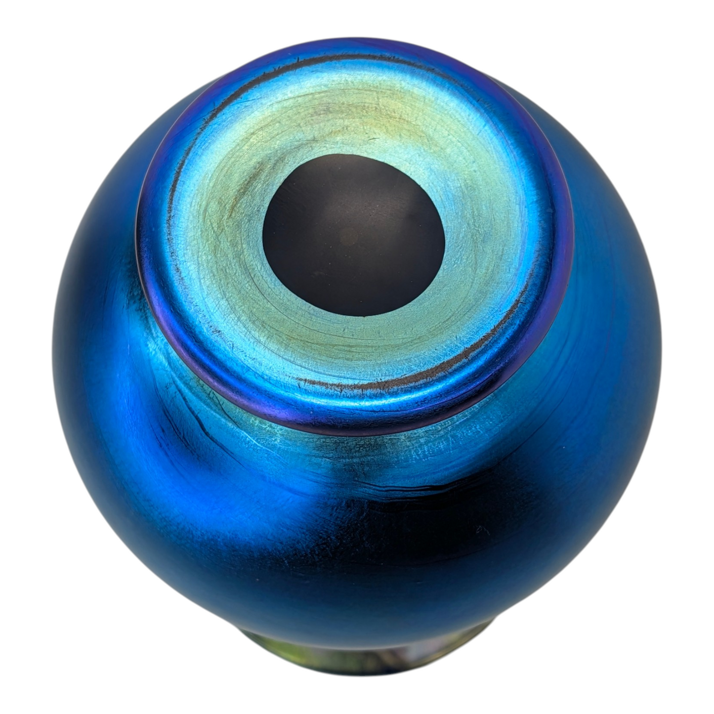 Vintage Blue Iridescent Art Glass Vase Art Nouveau Aurene Style Hand Blown 7"