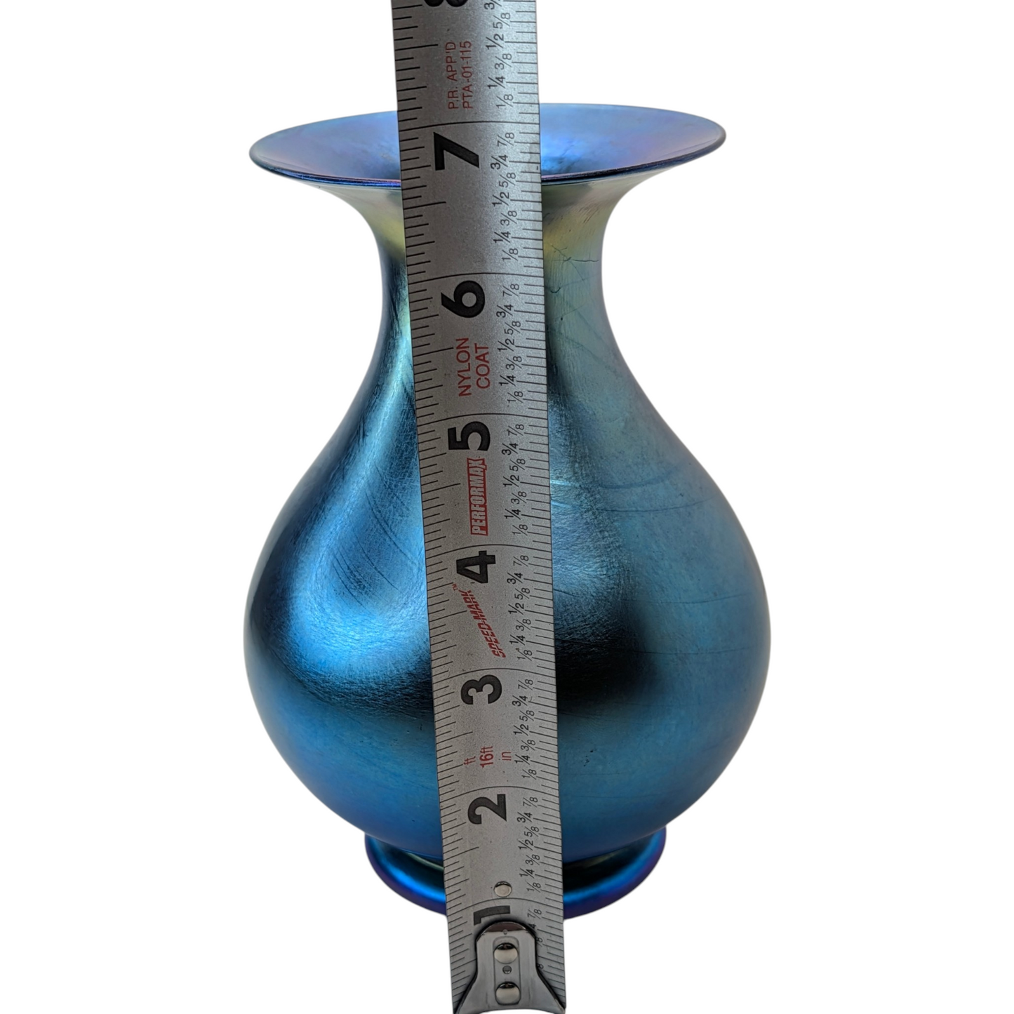 Vintage Blue Iridescent Art Glass Vase Art Nouveau Aurene Style Hand Blown 7"
