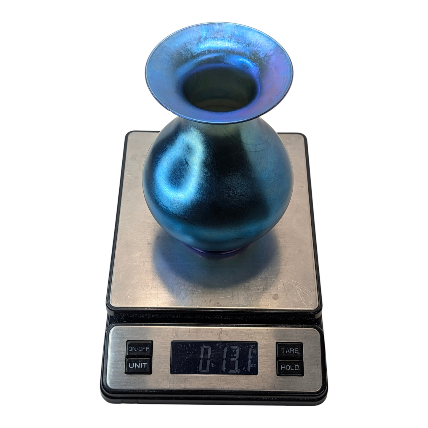 Vintage Blue Iridescent Art Glass Vase Art Nouveau Aurene Style Hand Blown 7"