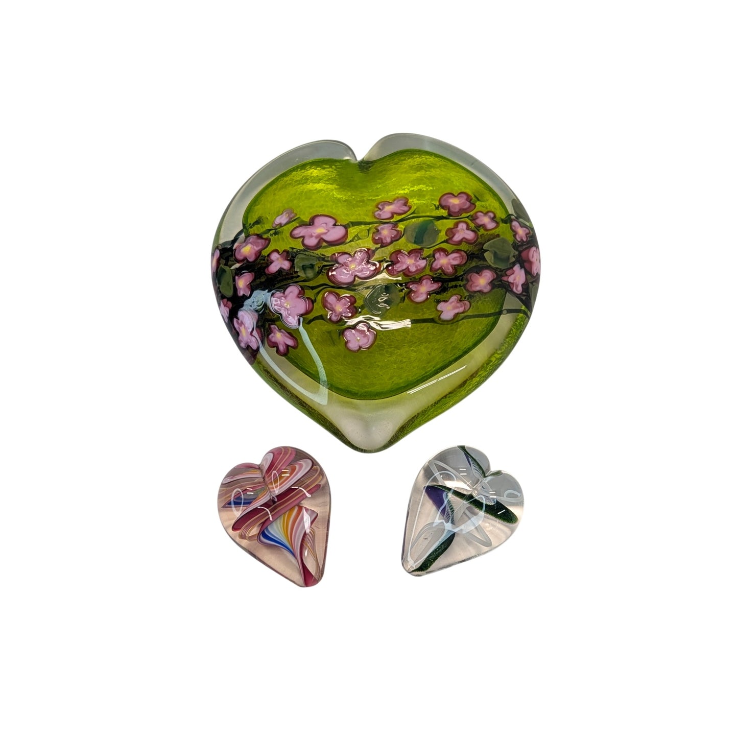 Shawn Messenger Art Glass Cherry Blossom Heart Bowl & Paperweight Set of 3