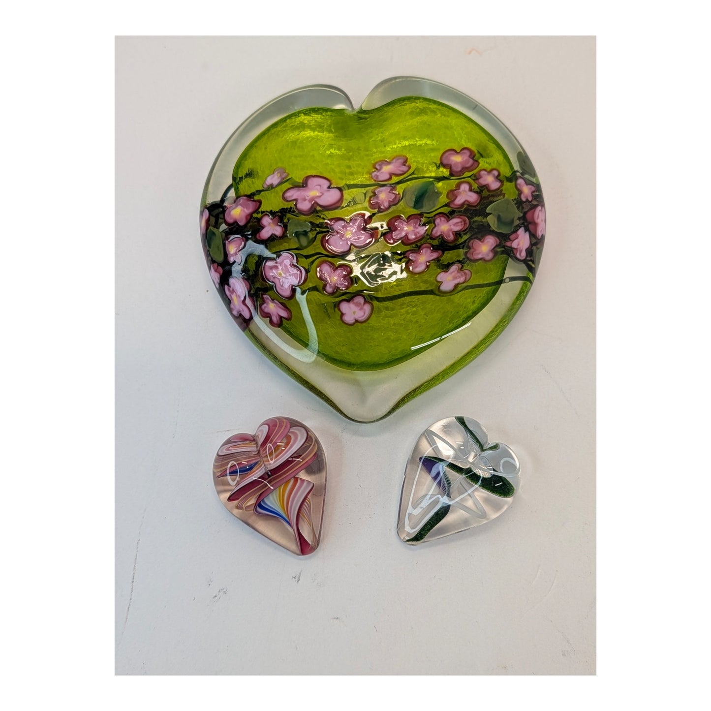 Shawn Messenger Art Glass Cherry Blossom Heart Bowl & Paperweight Set of 3