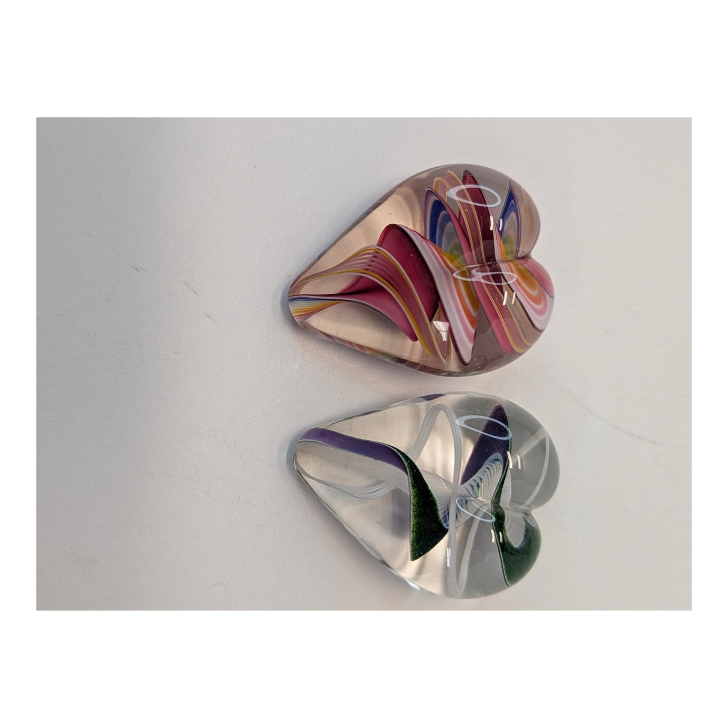 Shawn Messenger Art Glass Cherry Blossom Heart Bowl & Paperweight Set of 3