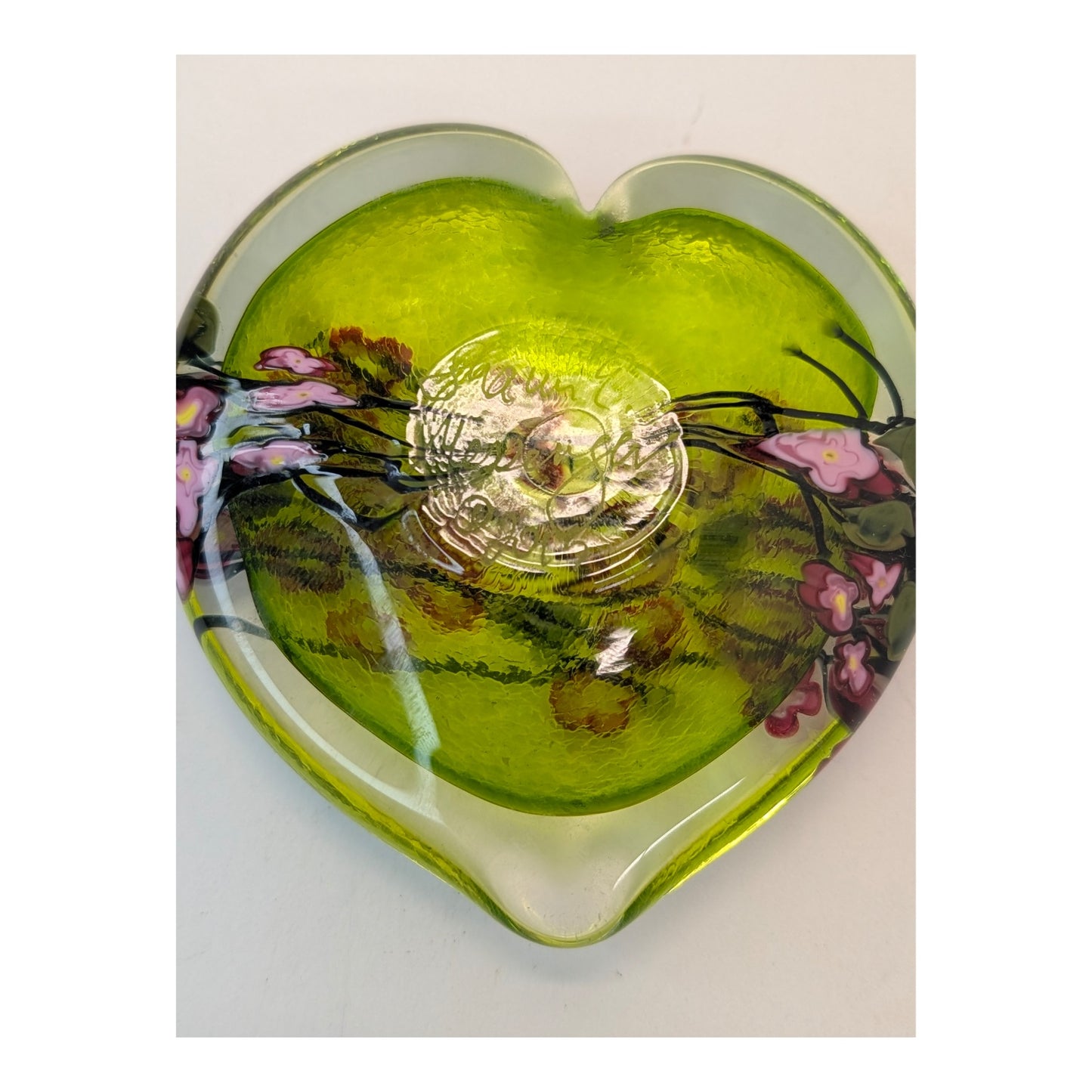 Shawn Messenger Art Glass Cherry Blossom Heart Bowl & Paperweight Set of 3