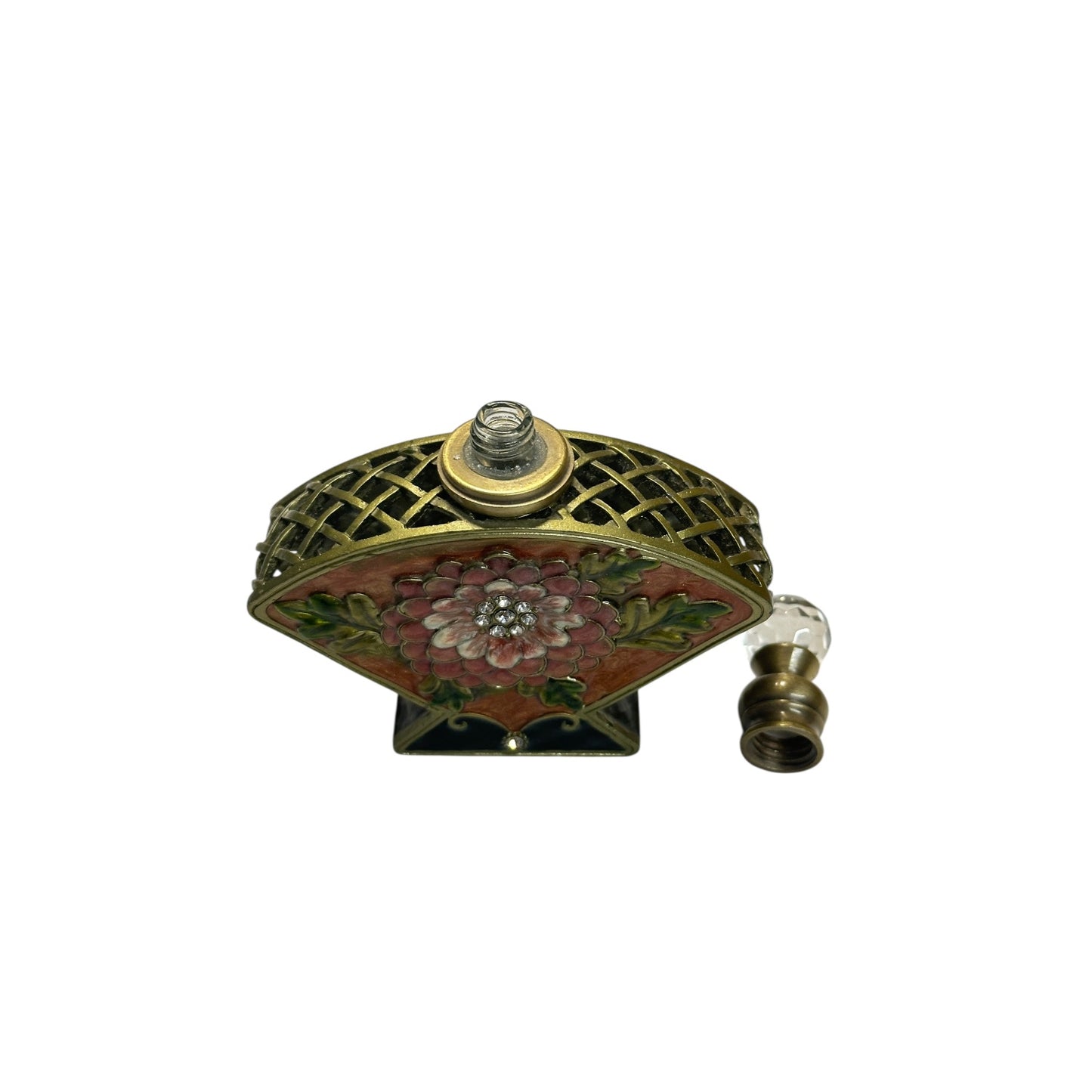 Vintage Jeweled Enamel Fan Perfume Bottle Art Nouveau Style Vanity Decor