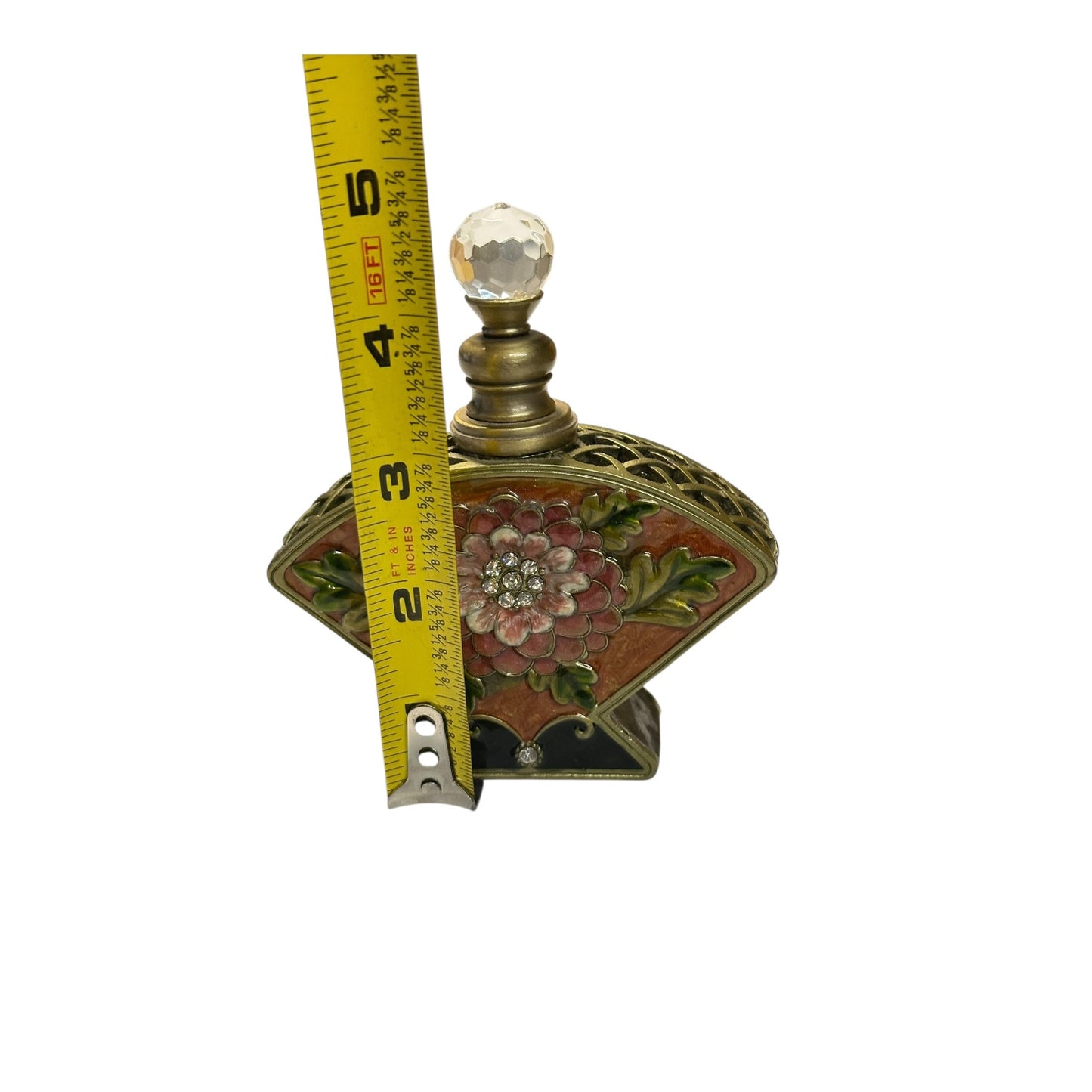 Vintage Jeweled Enamel Fan Perfume Bottle Art Nouveau Style Vanity Decor