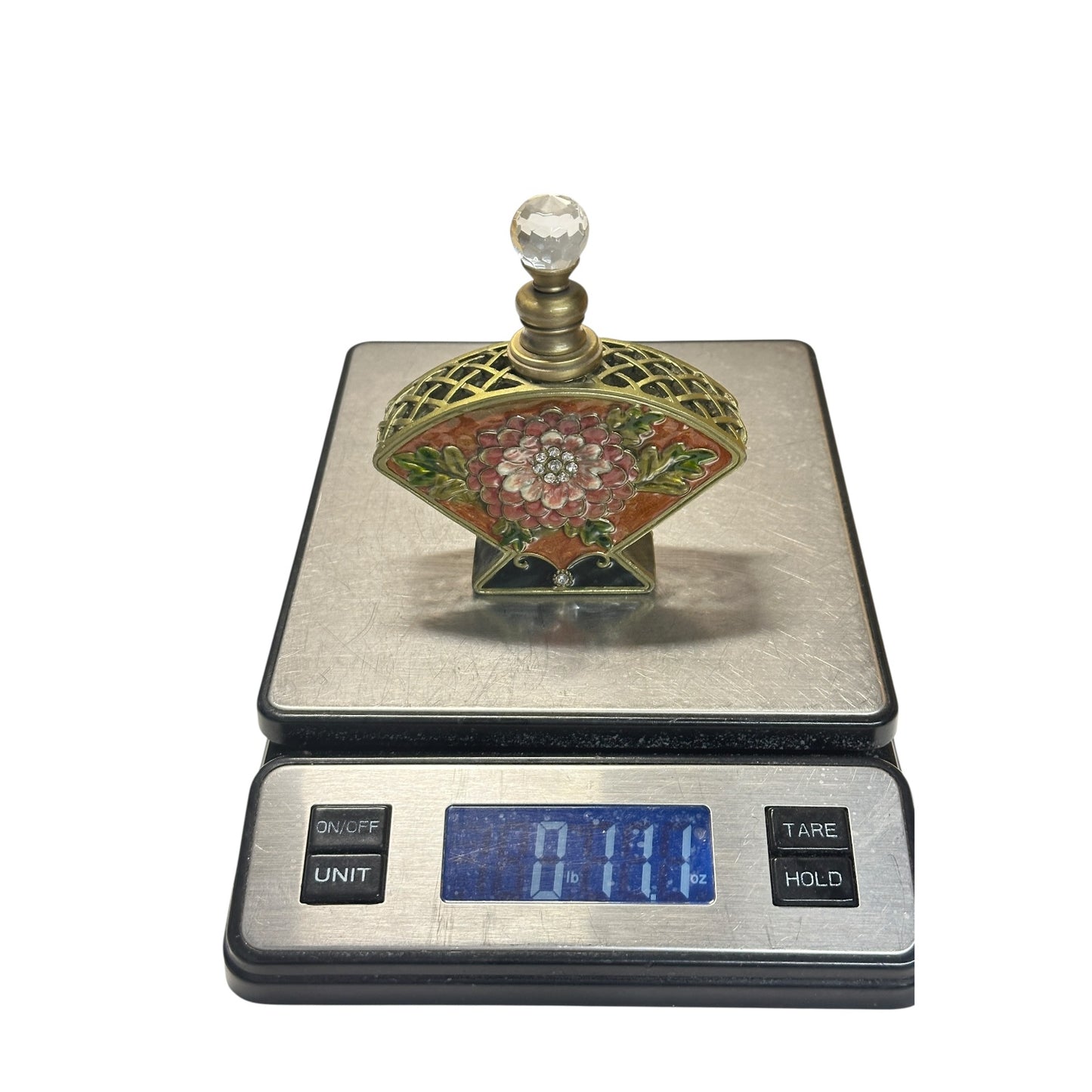 Vintage Jeweled Enamel Fan Perfume Bottle Art Nouveau Style Vanity Decor