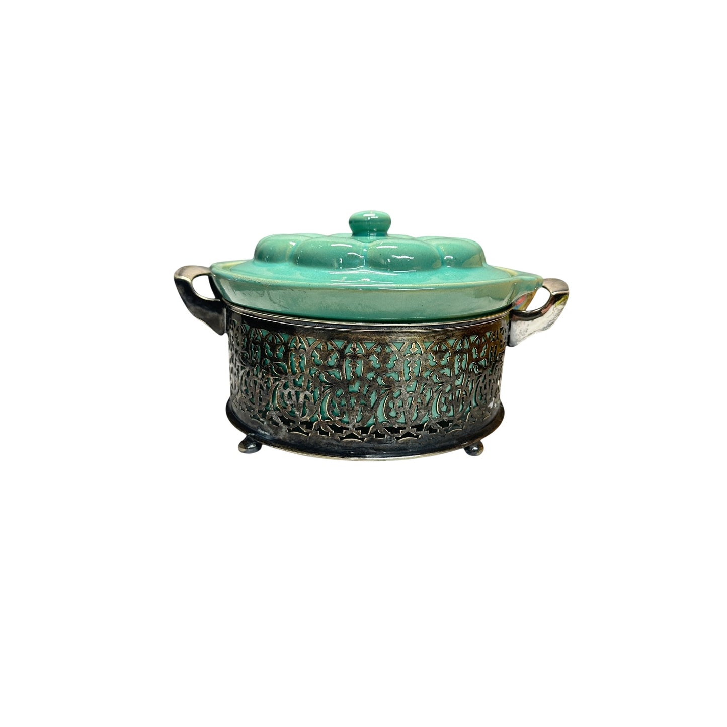 Vintage 1950s Aqua Ceramic Casserole Dish w/ Silver Plate Filigree Caddy