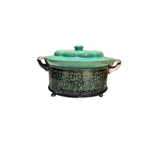 Vintage 1950s Aqua Ceramic Casserole Dish w/ Silver Plate Filigree Caddy