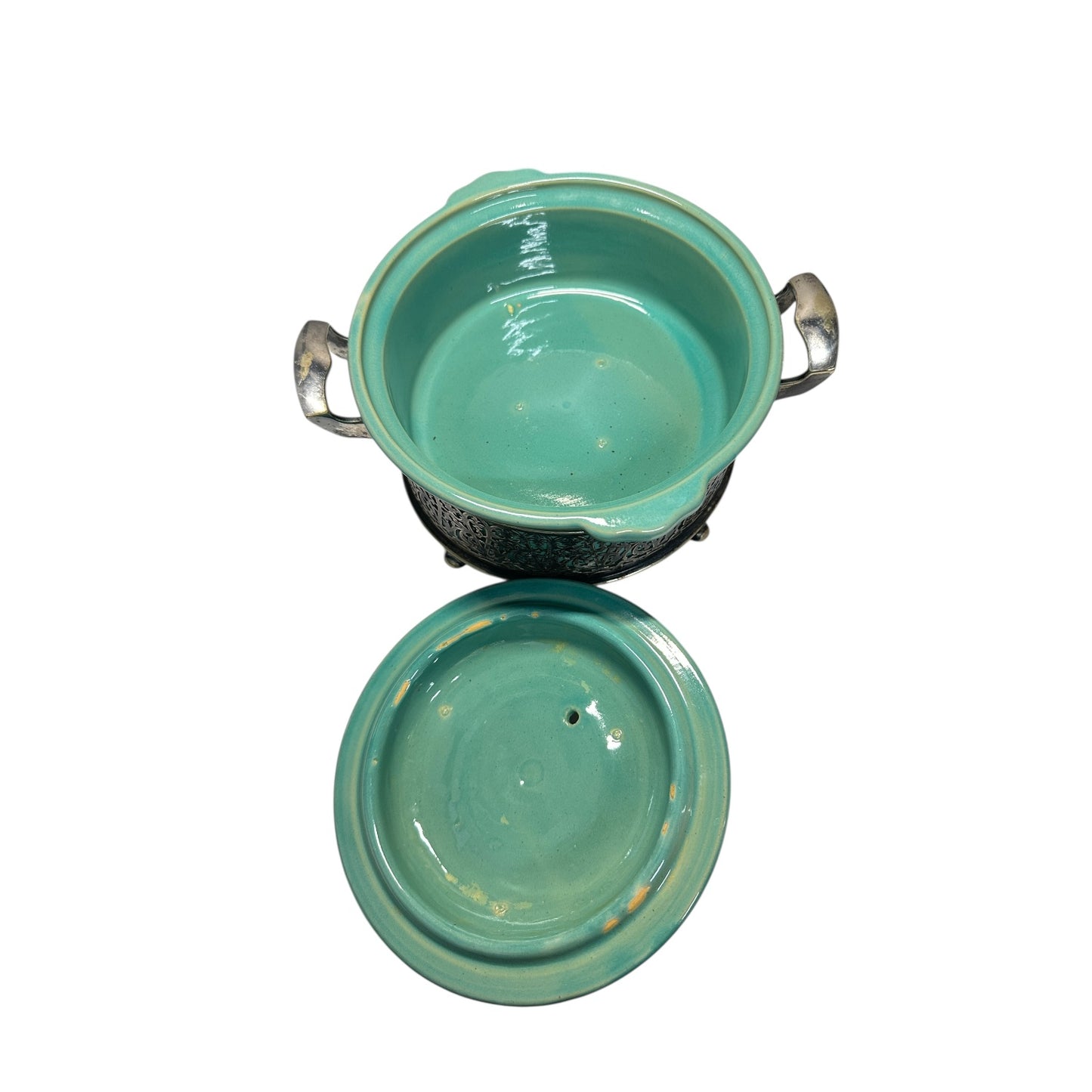 Vintage 1950s Aqua Ceramic Casserole Dish w/ Silver Plate Filigree Caddy