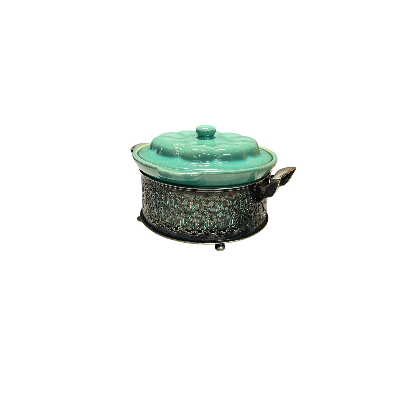 Vintage 1950s Aqua Ceramic Casserole Dish w/ Silver Plate Filigree Caddy