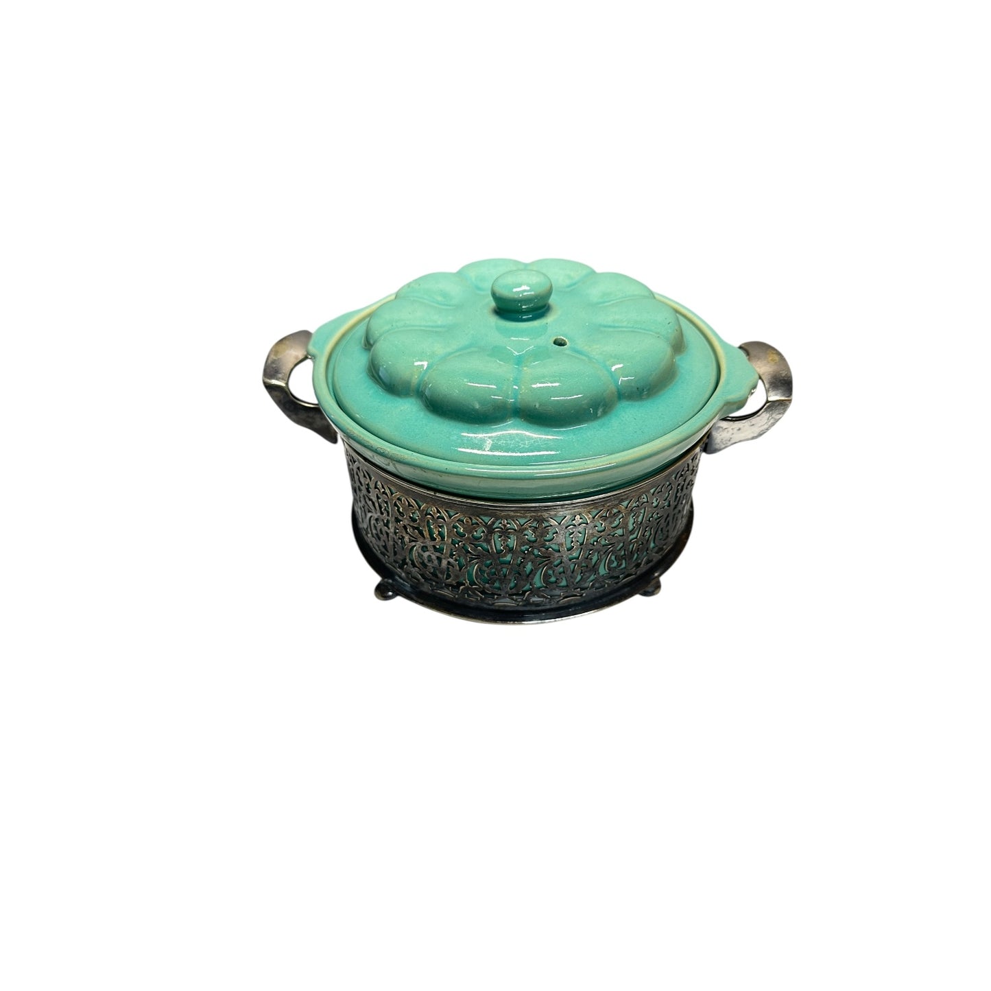 Vintage 1950s Aqua Ceramic Casserole Dish w/ Silver Plate Filigree Caddy